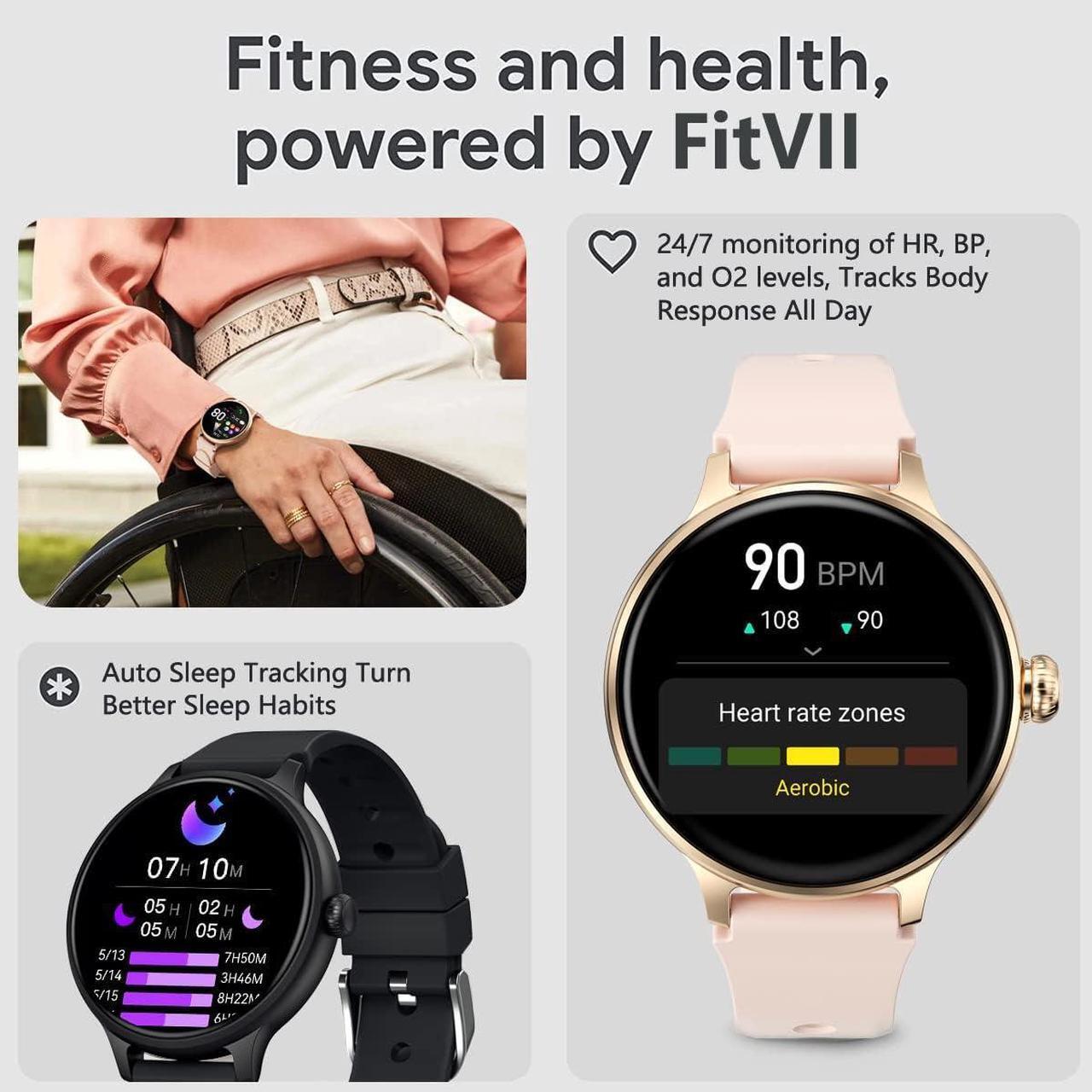 Alt view image 2 of 6 - FITVII Smart Watch for Women Answer/Make Call, Fitness Tracker with 24/7 Blood Pressure Heart Rate and Blood Oxygen Monitor, Sleep Tracker Step Counter Waterproof Smartwatch for Android and iOS Phone