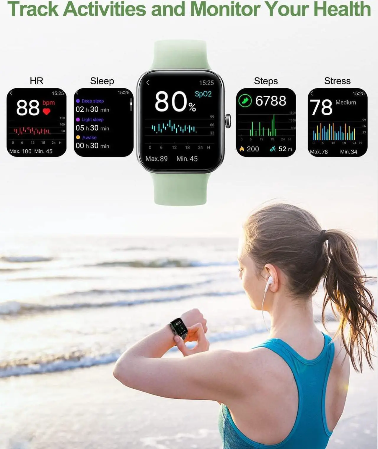 Alt view image 3 of 6 - aeac Smart Watch for Women Men,1.69" Touch Screen Fitness Tracker for iPhone Android Phone IP68 Waterproof,Finess Watch with Step Calorie Counter Sleep Monitoring Pedometer Watches