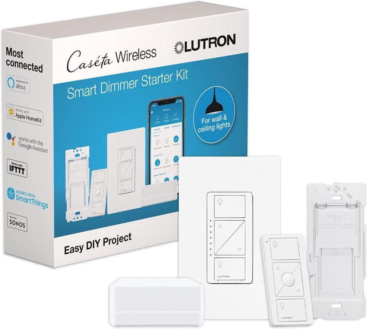 Main image of Lutron Caseta Smart Lighting Dimmer Switch Starter Kit with Caseta Smart Hub and Pico Bracket | Works with Alexa, Google Assistant, Ring, Apple Home | P-BDG-PKG1W-A, White