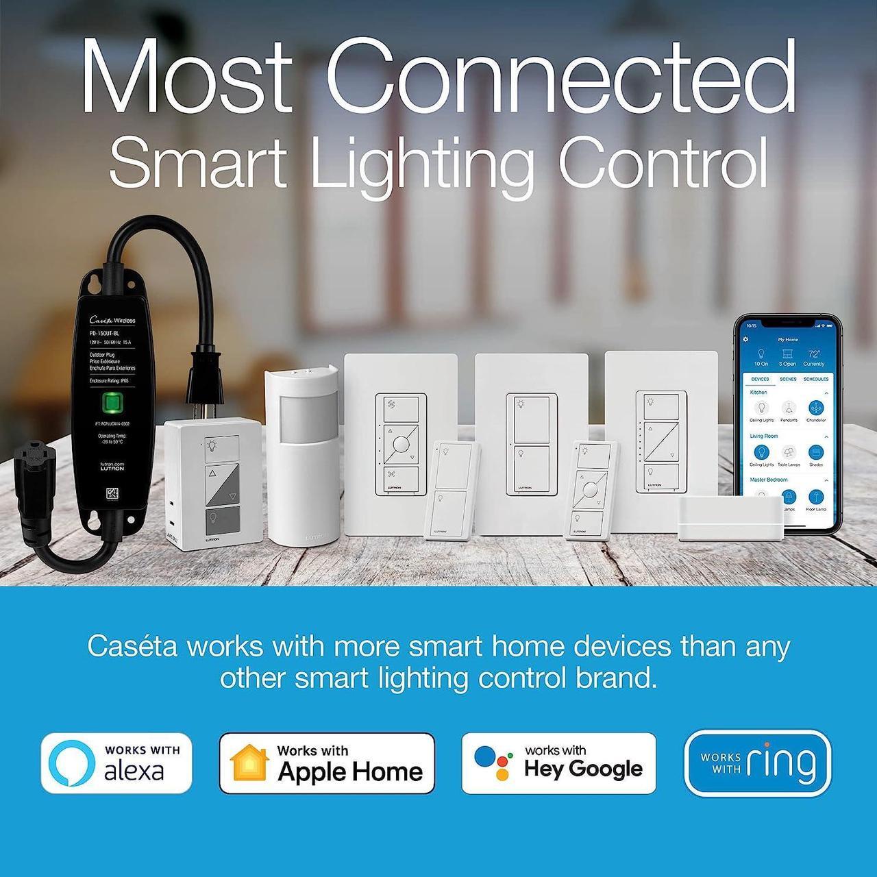 Alt view image 2 of 7 - Lutron Caseta Smart Lighting Dimmer Switch Starter Kit with Caseta Smart Hub and Pico Bracket | Works with Alexa, Google Assistant, Ring, Apple Home | P-BDG-PKG1W-A, White