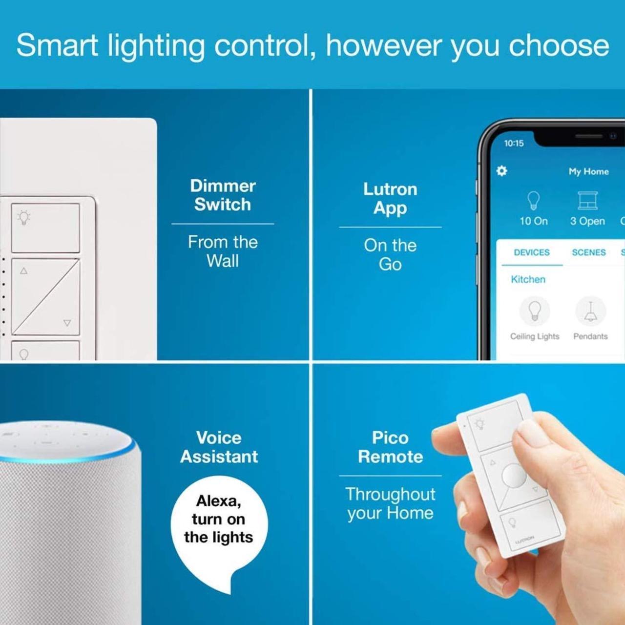 Alt view image 4 of 7 - Lutron Caseta Smart Lighting Dimmer Switch Starter Kit with Caseta Smart Hub and Pico Bracket | Works with Alexa, Google Assistant, Ring, Apple Home | P-BDG-PKG1W-A, White