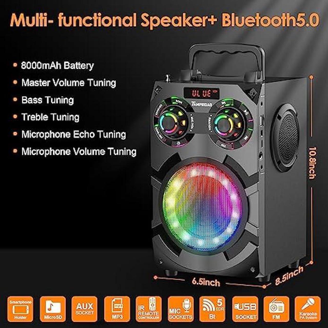 Alt view image 2 of 6 - Portable Loud Bluetooth Speakers with Subwoofer, 80W Peak Powerful Large boombox Bluetooth Wireless with Stereo Sound, FM Radio, EQ, Remote, LED Lights, for Home Outdoor Party Holiday Birthday Gifts