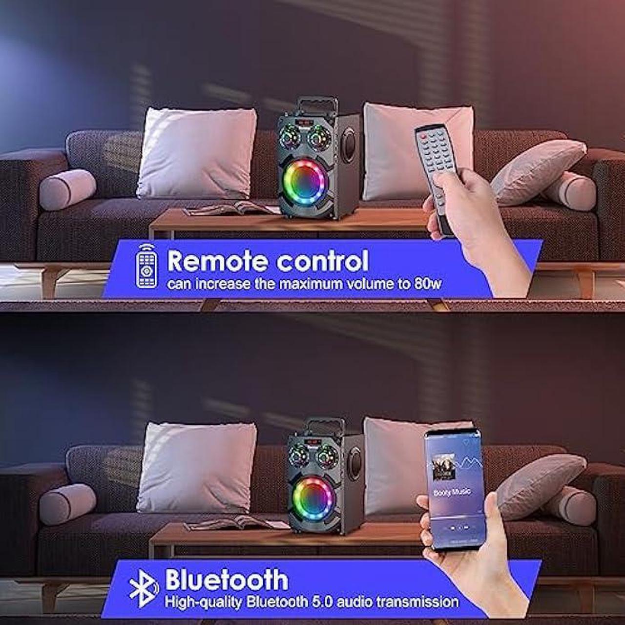 Alt view image 6 of 6 - Portable Loud Bluetooth Speakers with Subwoofer, 80W Peak Powerful Large boombox Bluetooth Wireless with Stereo Sound, FM Radio, EQ, Remote, LED Lights, for Home Outdoor Party Holiday Birthday Gifts