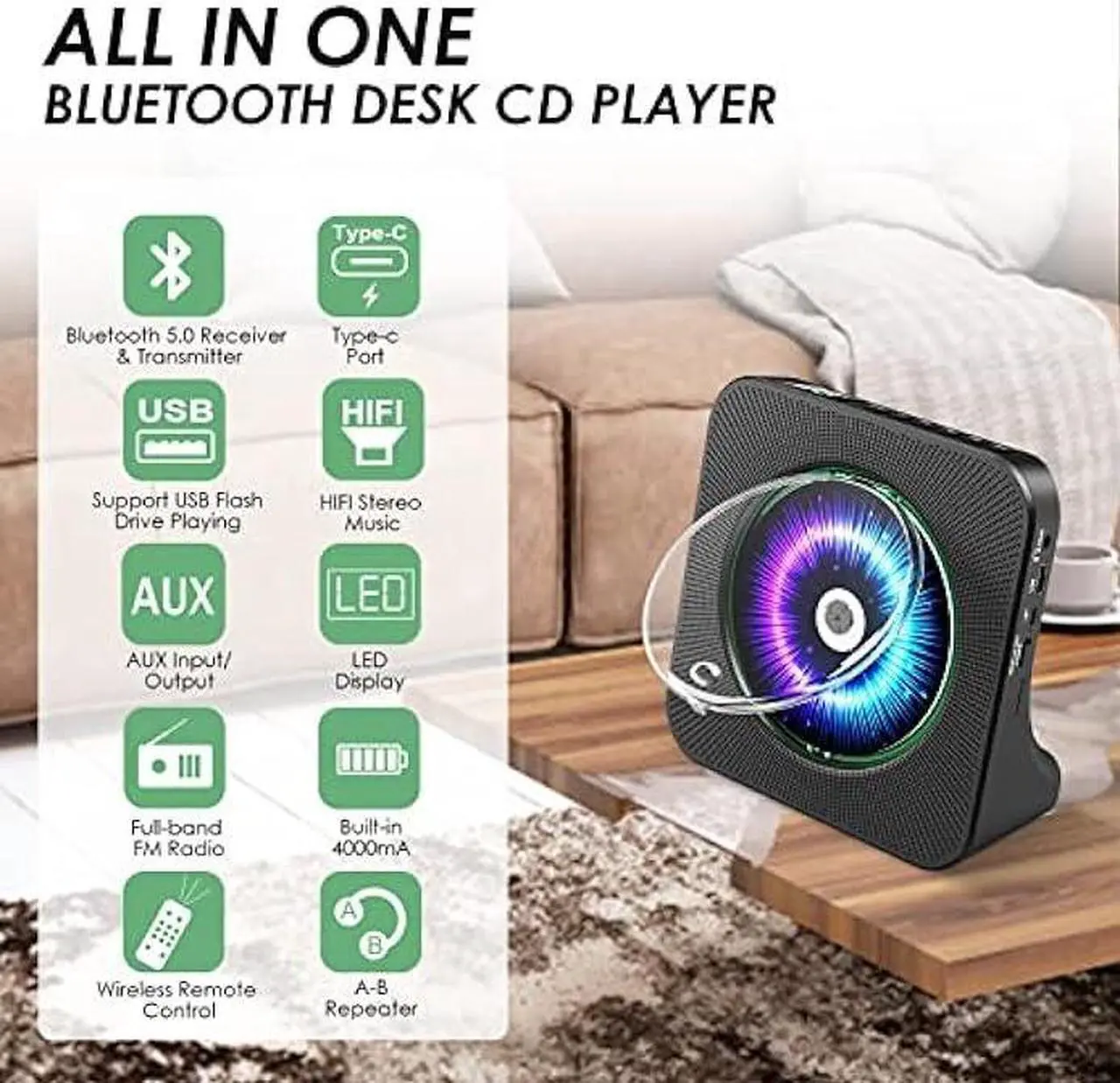 Alt view image 2 of 7 - Gueray CD Player Portable Bluetooth Desktop 4000mAh Rechargeable CD Player for Home CD Player with Timer HiFi Speakers Dust Cover LCD Screen Display FM Radio Type-c 3.5mm AUX Jack Remote Control