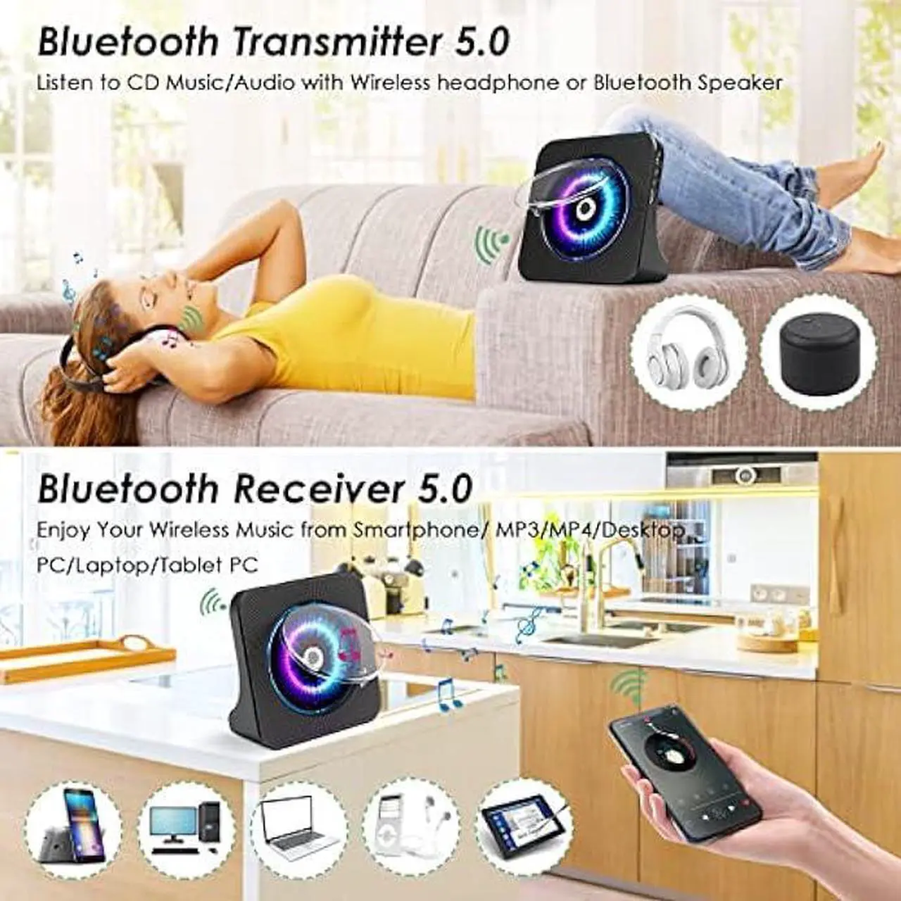 Alt view image 4 of 7 - Gueray CD Player Portable Bluetooth Desktop 4000mAh Rechargeable CD Player for Home CD Player with Timer HiFi Speakers Dust Cover LCD Screen Display FM Radio Type-c 3.5mm AUX Jack Remote Control