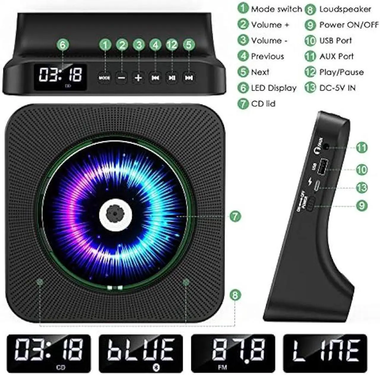 Alt view image 3 of 7 - Gueray CD Player Portable Bluetooth Desktop 4000mAh Rechargeable CD Player for Home CD Player with Timer HiFi Speakers Dust Cover LCD Screen Display FM Radio Type-c 3.5mm AUX Jack Remote Control