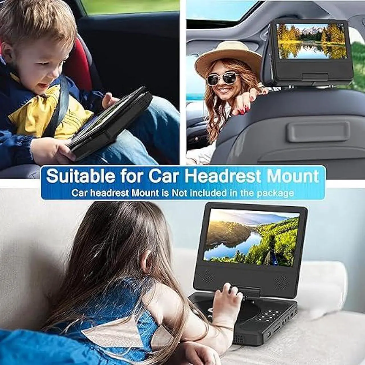Alt view image 2 of 7 - 9.5 Portable DVD Player with 7.5 Swivel Display Screen, 5-Hour Built-in Rechargeable Battery, Car DVD Player,Supports SD Card/USB/CD/DVD and Multiple Disc Formats, High Volume Speaker,Black