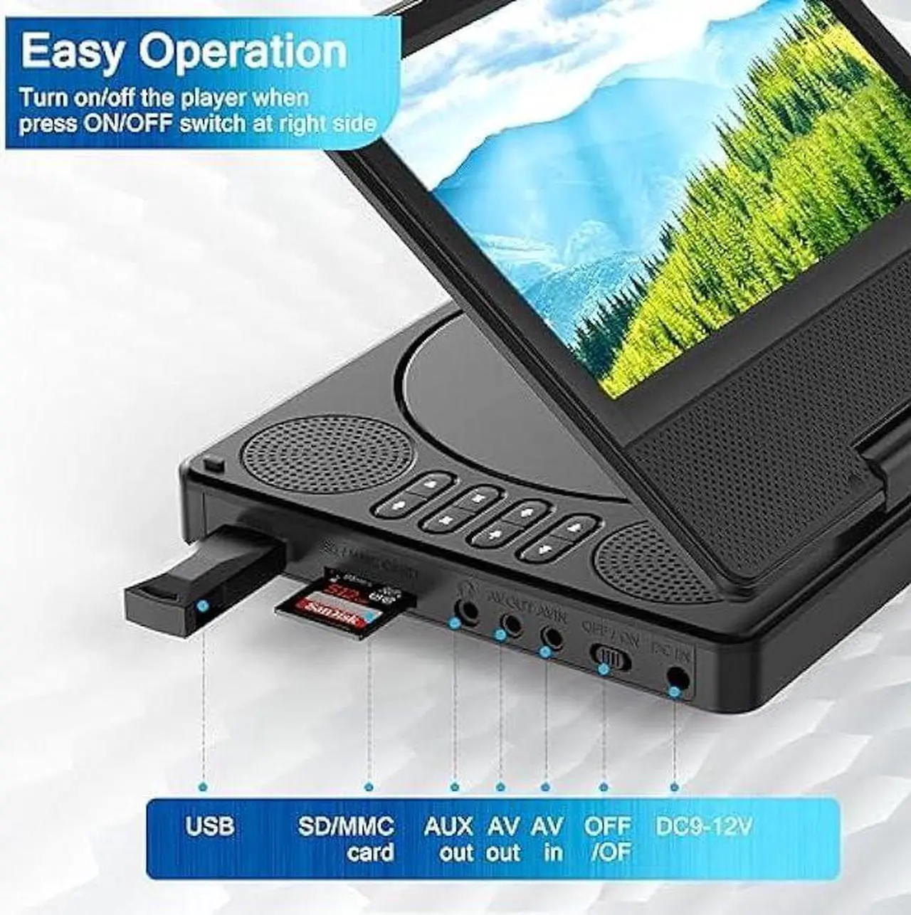 Alt view image 6 of 7 - 9.5 Portable DVD Player with 7.5 Swivel Display Screen, 5-Hour Built-in Rechargeable Battery, Car DVD Player,Supports SD Card/USB/CD/DVD and Multiple Disc Formats, High Volume Speaker,Black