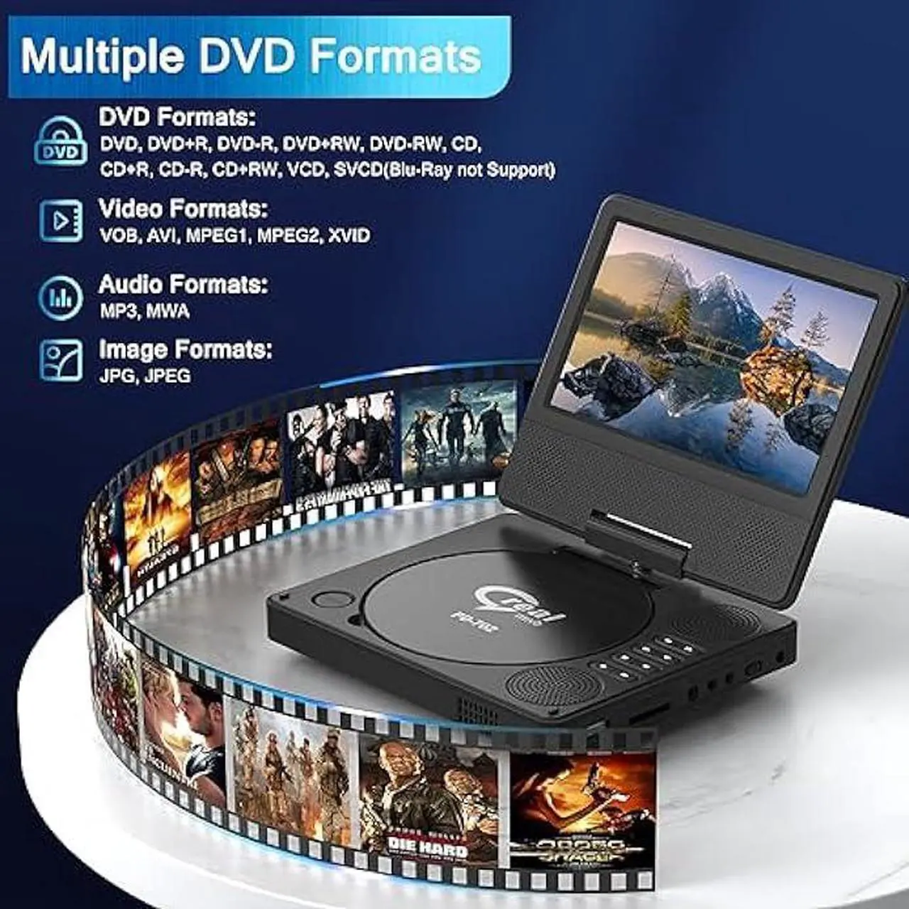 Alt view image 7 of 7 - 9.5 Portable DVD Player with 7.5 Swivel Display Screen, 5-Hour Built-in Rechargeable Battery, Car DVD Player,Supports SD Card/USB/CD/DVD and Multiple Disc Formats, High Volume Speaker,Black