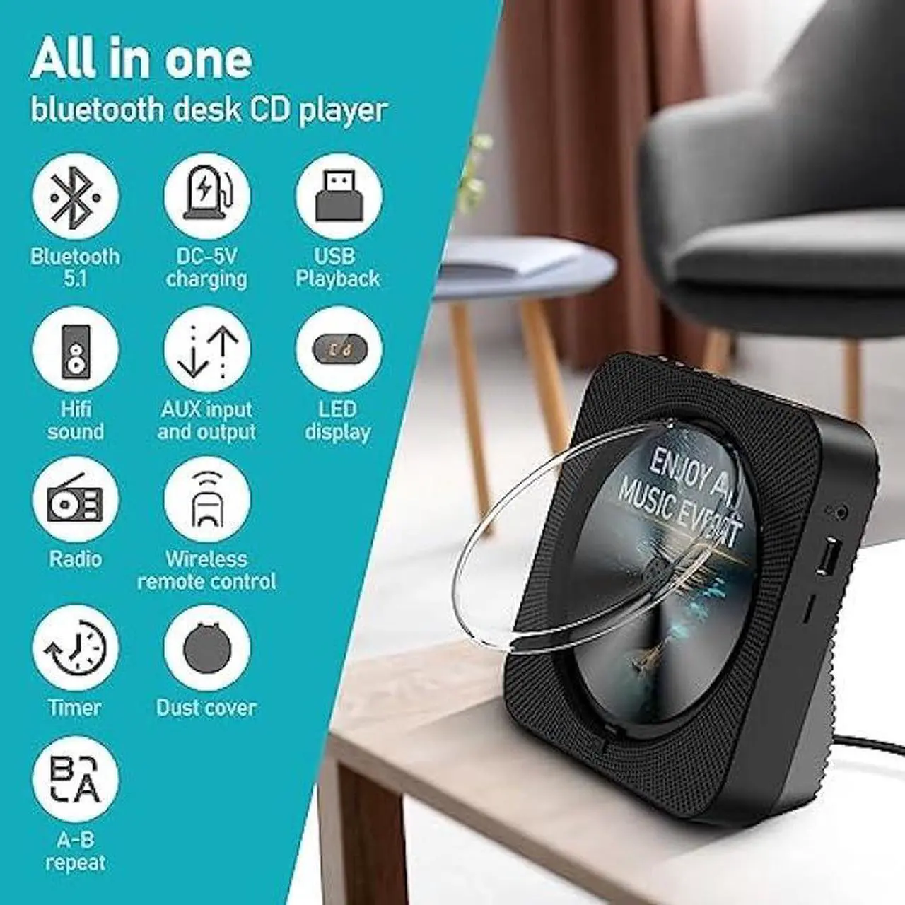 Alt view image 6 of 6 - MICOCIOUS CD Player Bluetooth Desktop CD Player with Speaker for Home Portable Music CD Players with RC, LED Display, FM Radio, Timer, Support Headphone/USB/TF/AUX Playback