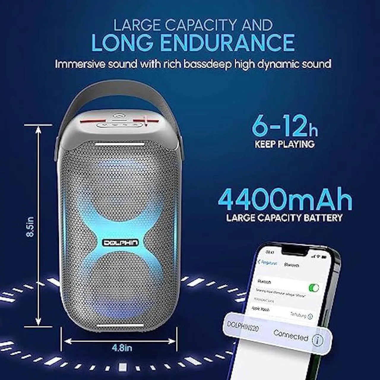 Alt view image 3 of 7 - Dolphin Waterproof Bluetooth Speaker - Loud & Compact Size, IPX5, Long-Lasting Battery - Ideal for Beach, Pool, Shower, Camping, Outdoors (Gray)