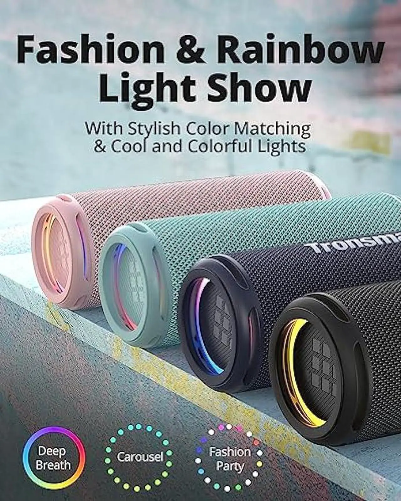 Alt view image 6 of 6 - Tronsmart T7 Lite 24W Portable Bluetooth Speaker, Enhanced Bass, Rainbow Light Show, 24H Playtime, IPX7 Waterproof, Wireless Stereo Pairing, Bluetooth 5.3, for Home Outdoor Travel (Black)