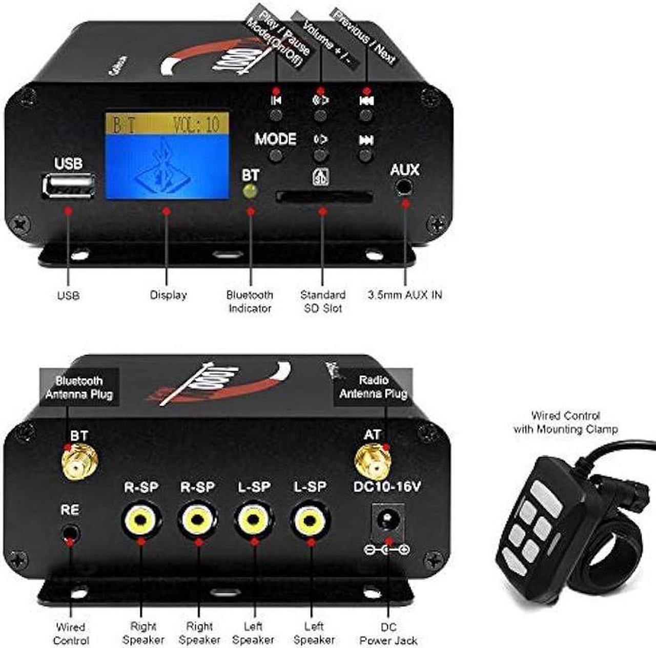 Alt view image 4 of 6 - GoHawk TJ4-Q 1000W 4 Channel Amplifier 4 Full Range Waterproof Bluetooth Motorcycle Stereo Speakers Audio System AUX USB SD Radio for 1-1.5 Handlebar Harley Touring Cruiser ATV