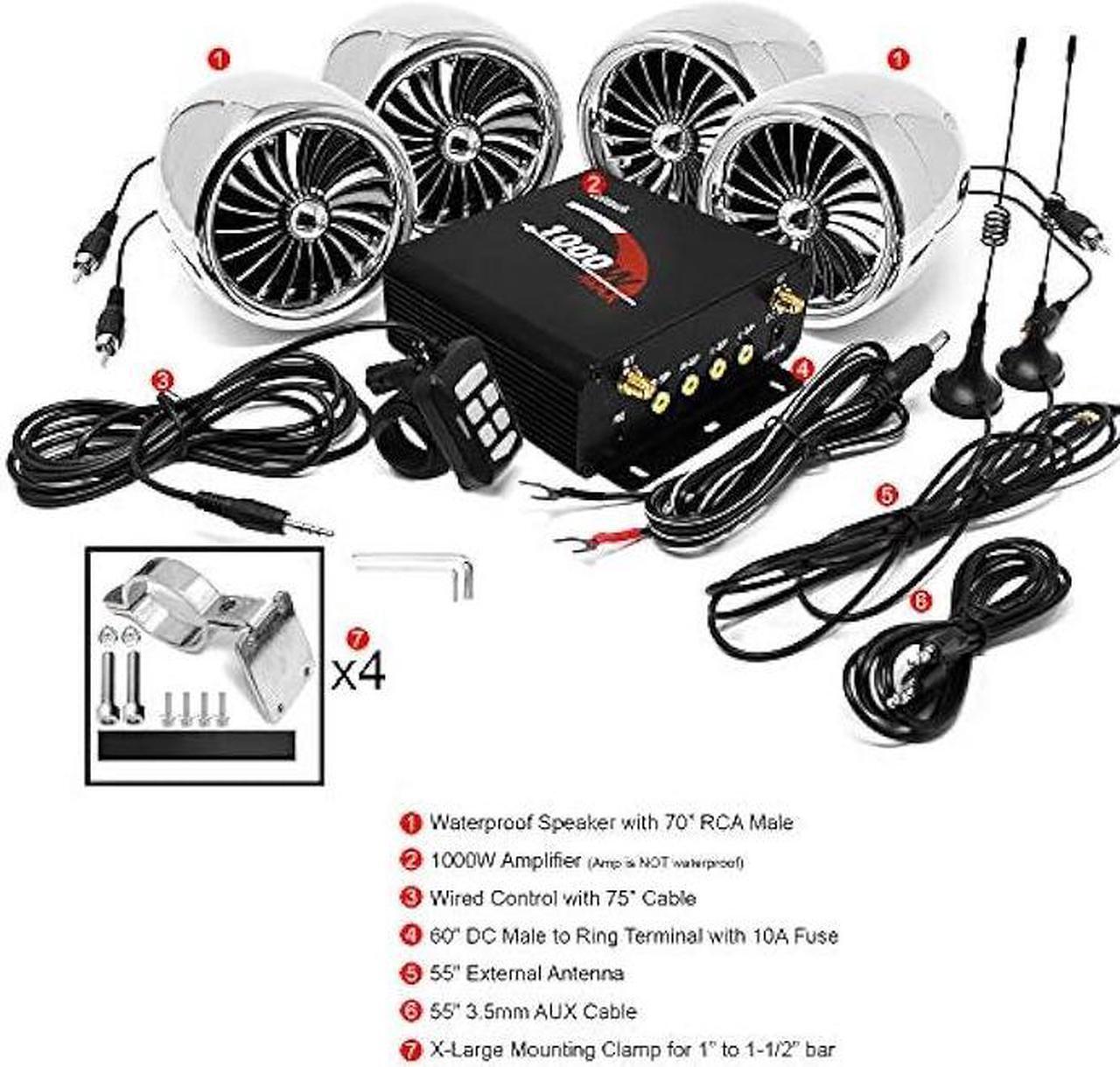 Alt view image 3 of 6 - GoHawk TJ4-Q 1000W 4 Channel Amplifier 4 Full Range Waterproof Bluetooth Motorcycle Stereo Speakers Audio System AUX USB SD Radio for 1-1.5 Handlebar Harley Touring Cruiser ATV