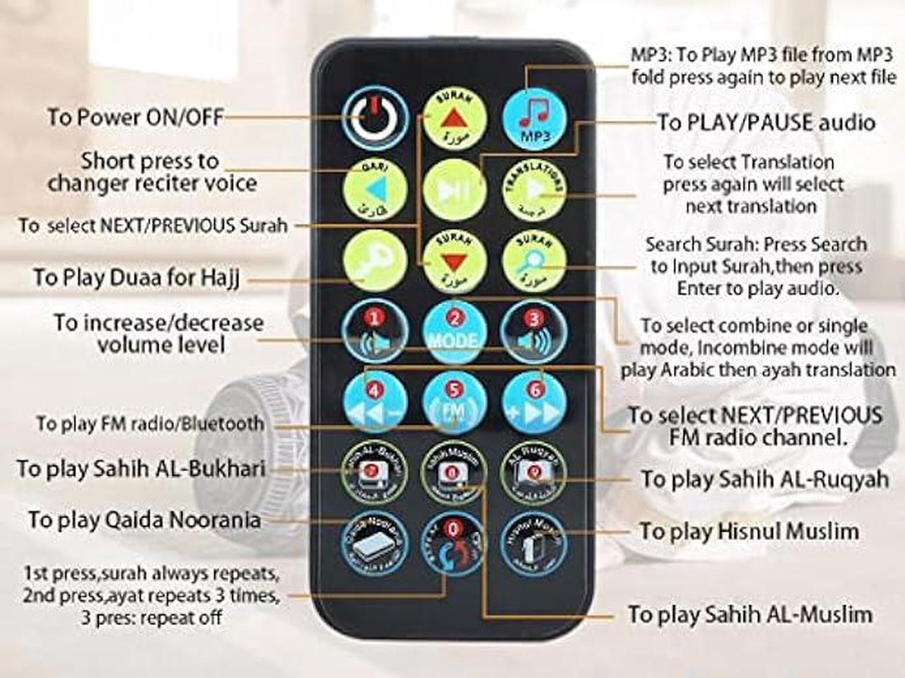 Alt view image 5 of 7 - Ramadan Portable Digital Quran Speaker, Anlising Quran Speaker MP3 Player with Remote Control, Quran Translator, USB Rechargeable, 8GB FM Radio, Over 18 Reciters and 15 Translations Available(Gold)