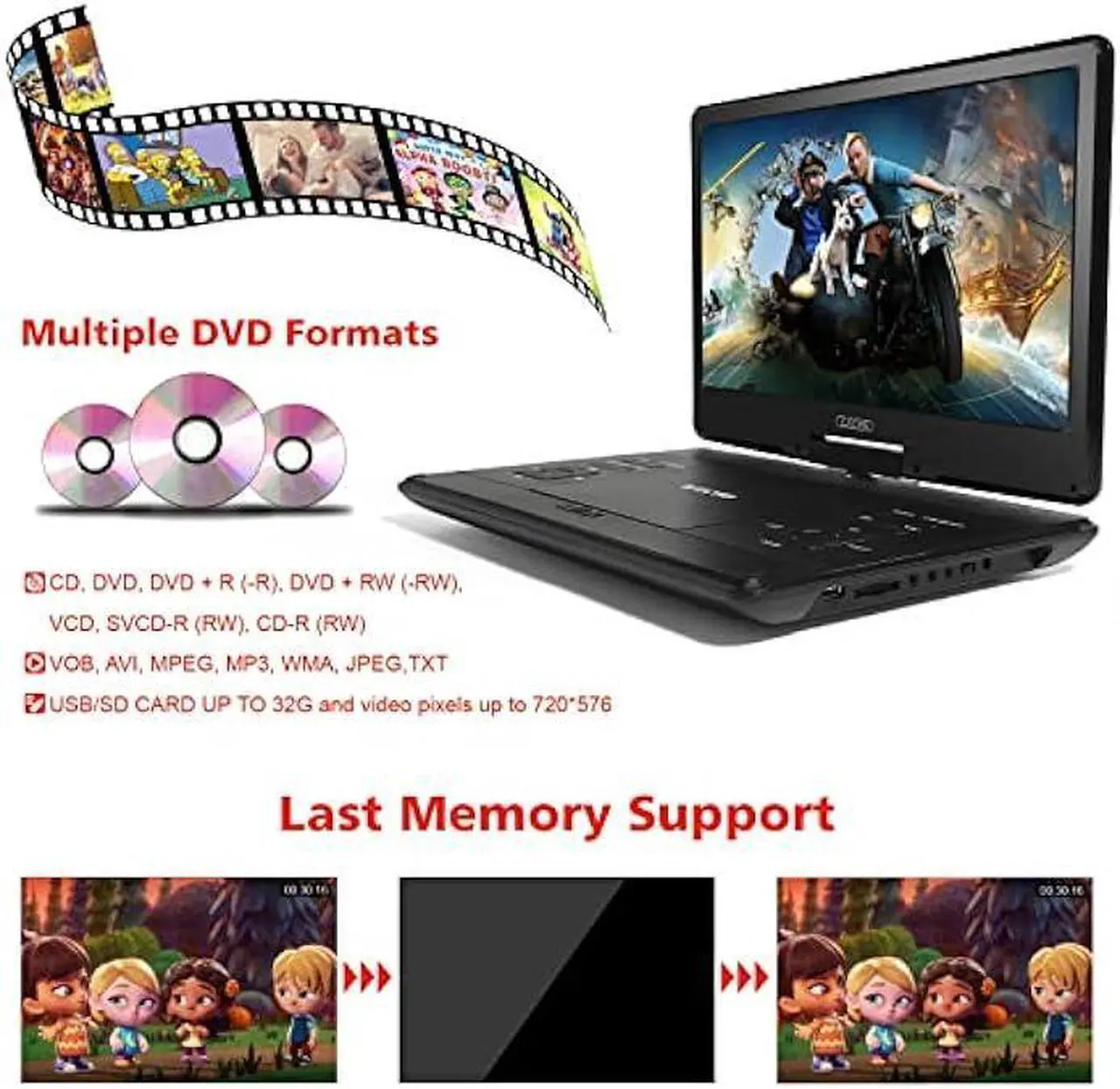Alt view image 3 of 6 - 16.9 Portable DVD Player with 14.1 Large HD Screen,High Volume Speaker,with Extra Carrying Bag,Supports 6 Hours Built-in Battery and USB/SD Card/Sync TV [Not Support Blu-Ray]