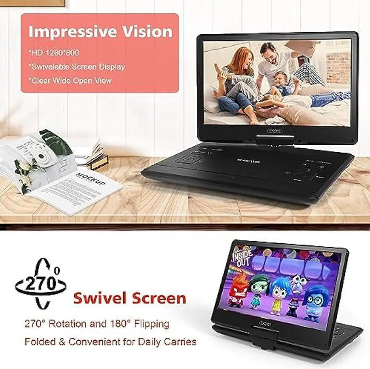 Alt view image 4 of 6 - 16.9 Portable DVD Player with 14.1 Large HD Screen,High Volume Speaker,with Extra Carrying Bag,Supports 6 Hours Built-in Battery and USB/SD Card/Sync TV [Not Support Blu-Ray]