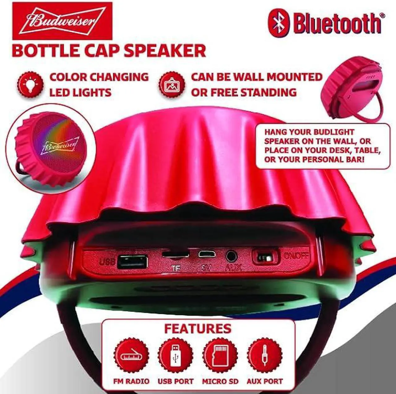 Alt view image 3 of 7 - Budweiser Bluetooth Bottle Cap Speaker with Color Changing Lights - Wall Mounting Speaker - Kick Stand Speaker - FM Radio -