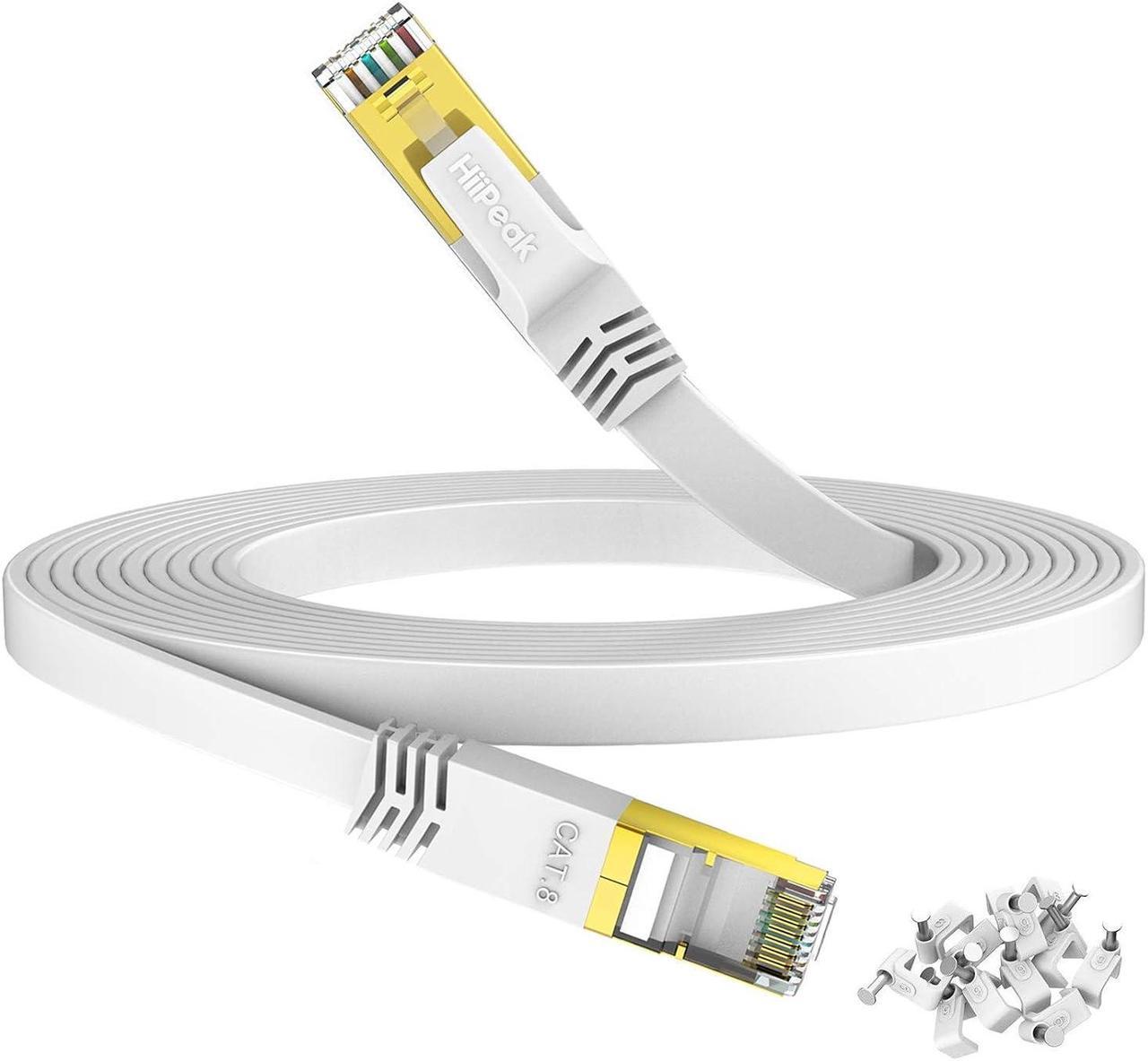 HiiPeak Cat 8 Ethernet Cable 40ft - Cat8 Flat Internet Cable High Speed LAN Patch Network Cables with RJ45 Gold Plated Connector, Compatible with Cat5/Cat6/Cat7, White 40 ft