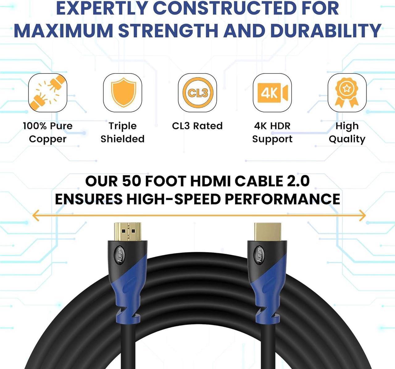 Alt view image 6 of 7 - AURUM CABLES 4K HDMI Cable 50ft Long, 4K@60Hz High Speed HDMI Cord with Ethernet, Supports UHD Resolution, ARC, 3D, CL3 Certified - Compatible with HDTV, PC, Laptop, PS3, Xbox, Blu-ray
