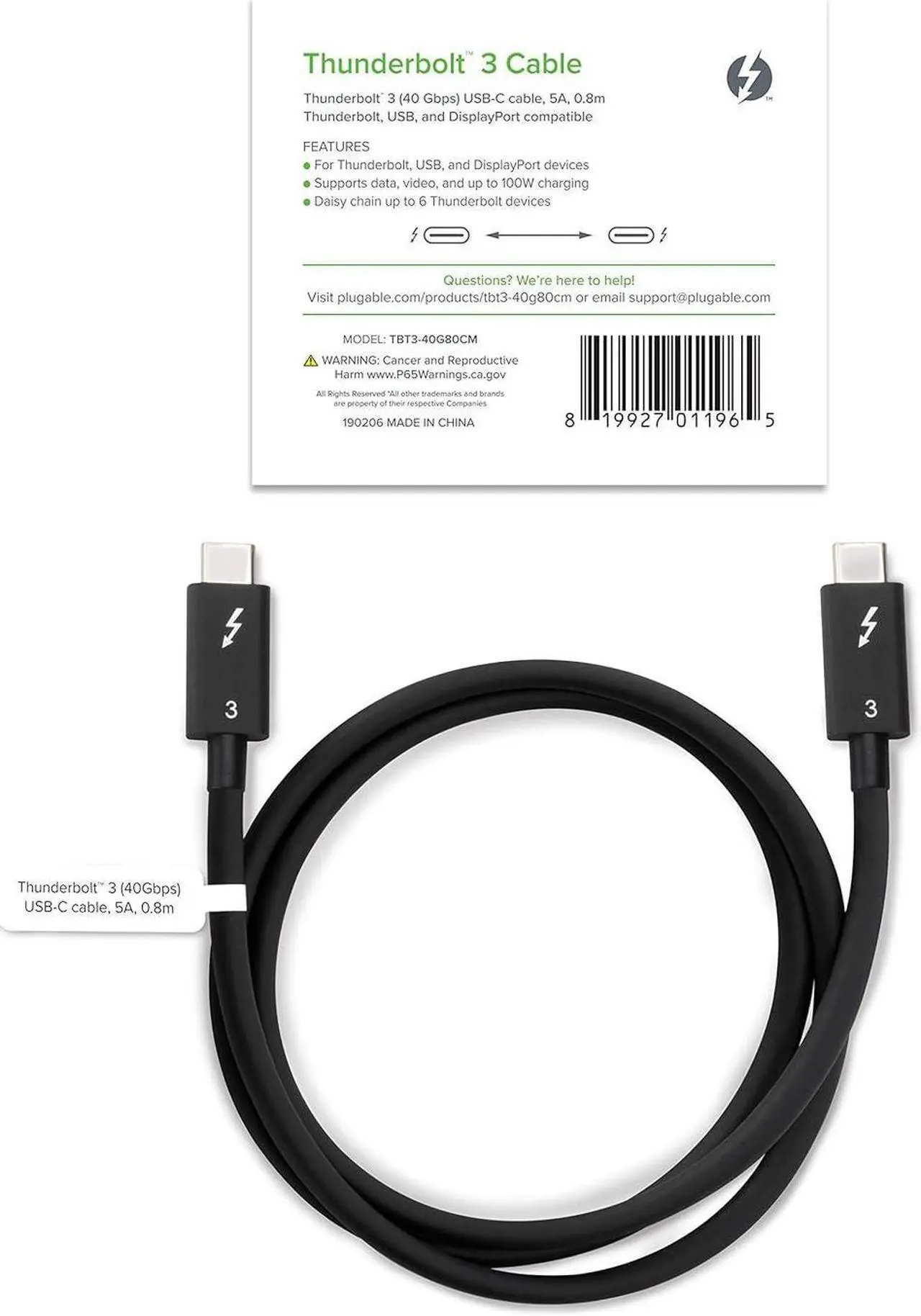 Alt view image 7 of 7 - Plugable Thunderbolt 3 Cable 40Gbps Supports 100W (20V, 5A) Charging, 2.6ft / 0.8m USB C Compatible [Thunderbolt 3 Certified] - Driverless