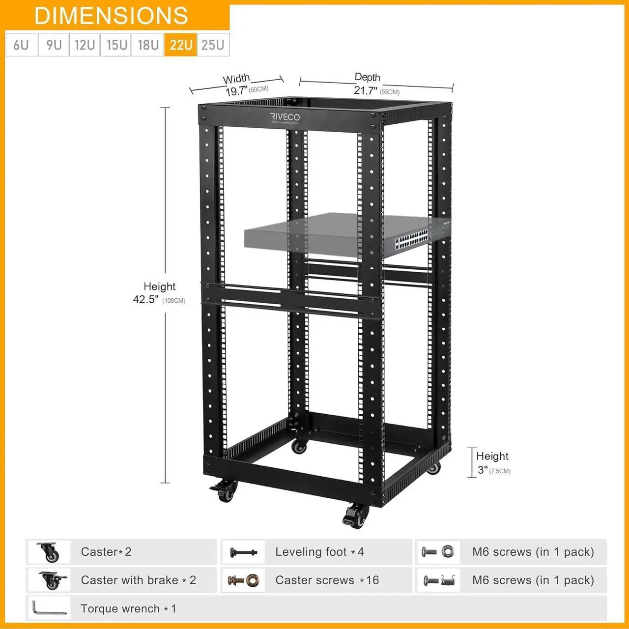 Alt view image 3 of 6 - RIVECO 22U Open Frame Server Rack with Wheels- Heavy Duty 4 Post Quick Assembly 19-inch, Stereo Rack Rolling Network Shelf Black