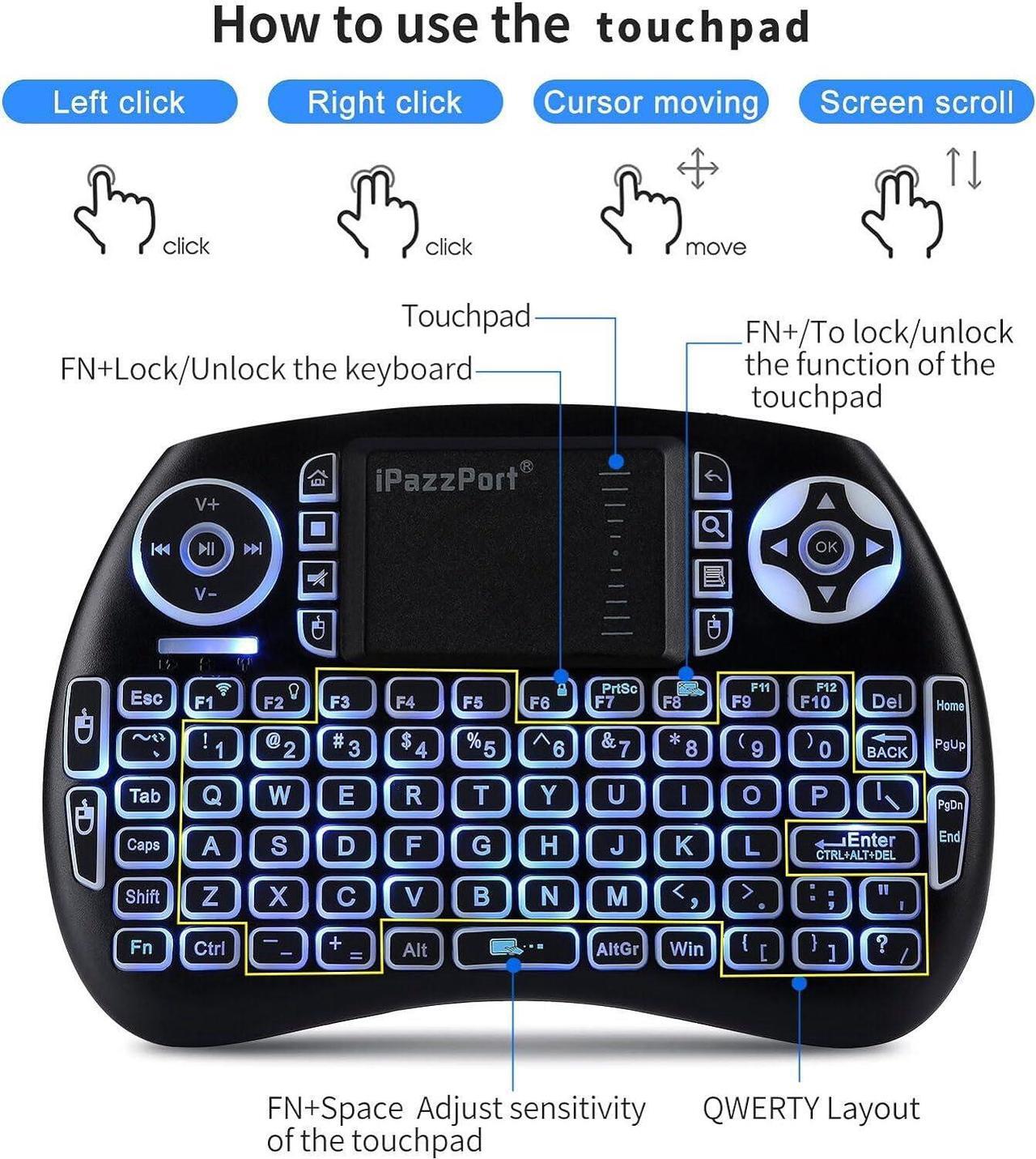 Alt view image 4 of 7 - iPazzPort Backlit Mini Wireless Keyboard with Touchpad, 2.4G Bluetooth Keyboard for Fire TV/Android TV Box/PC, Rechargeable & Portable 21SM