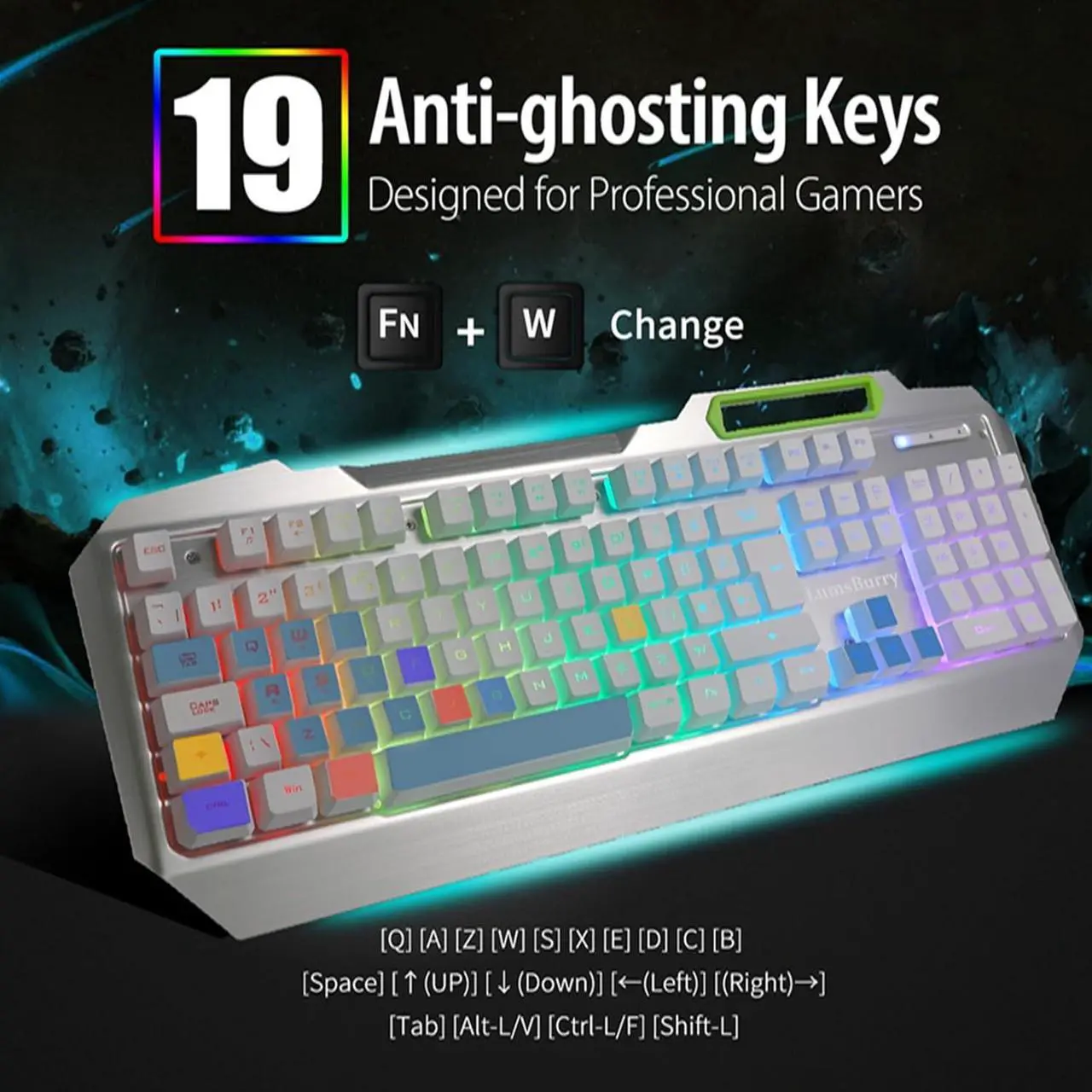 Alt view image 4 of 7 - RGB LED Backlit Gaming Keyboard with Anti-ghosting, Light up Keys Multimedia Control, USB Wired Waterproof Metal Keyboard for PC Games Office (Silver&White)