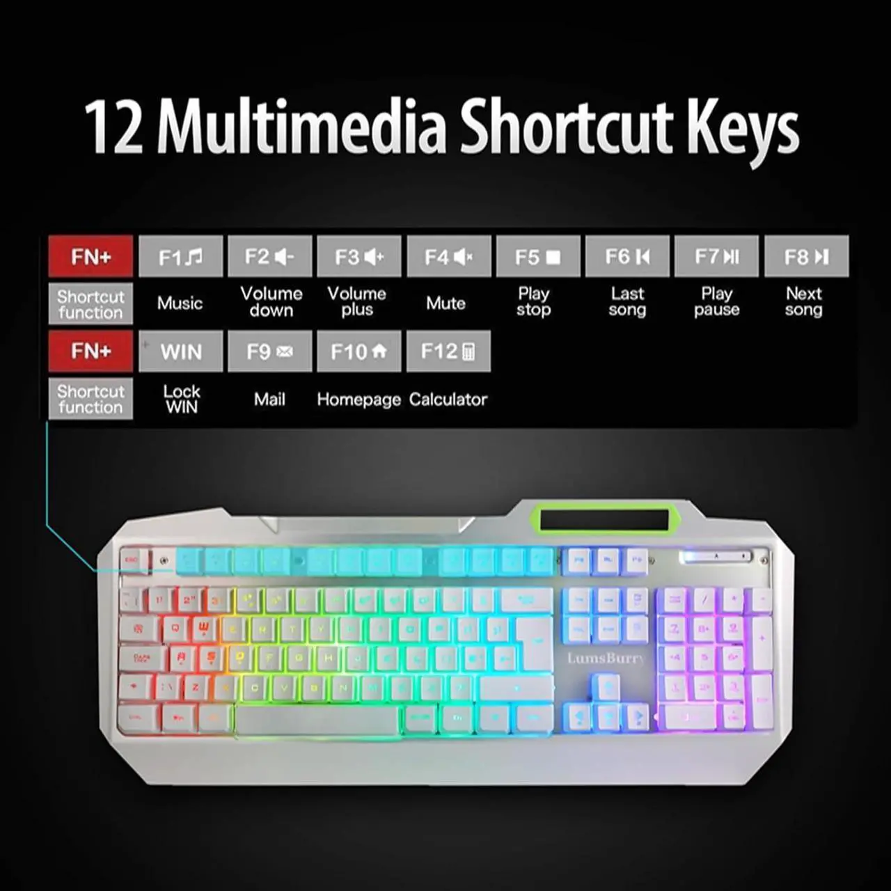 Alt view image 5 of 7 - RGB LED Backlit Gaming Keyboard with Anti-ghosting, Light up Keys Multimedia Control, USB Wired Waterproof Metal Keyboard for PC Games Office (Silver&White)