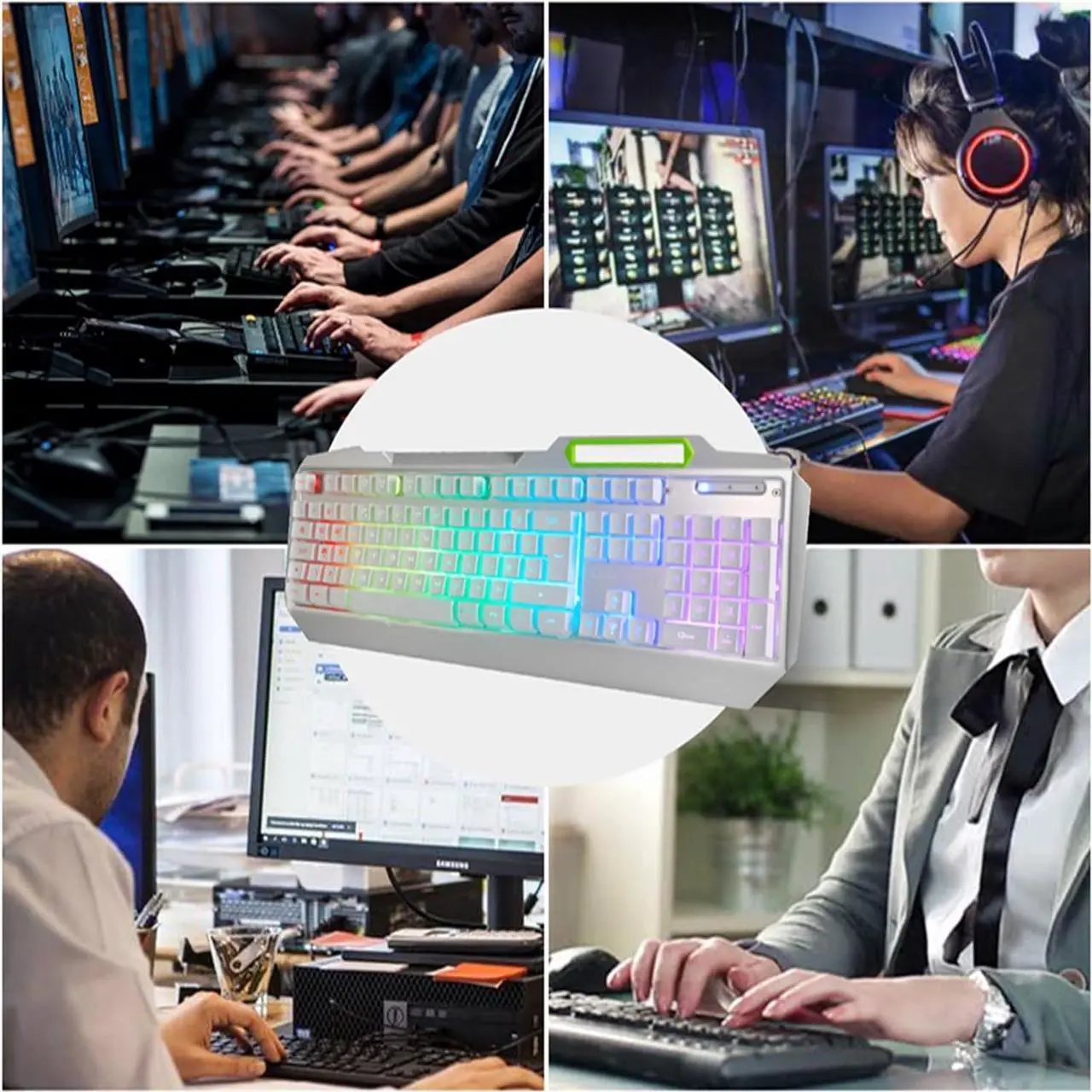 Alt view image 7 of 7 - RGB LED Backlit Gaming Keyboard with Anti-ghosting, Light up Keys Multimedia Control, USB Wired Waterproof Metal Keyboard for PC Games Office (Silver&White)