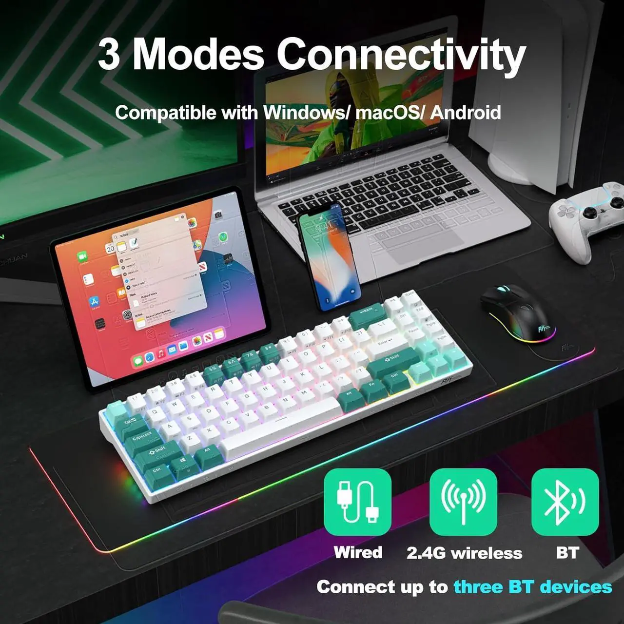 Alt view image 3 of 7 - RK ROYAL KLUDGE RK71 Mechanical Keyboard - 71 Keys 70% Layout Compact Wireless Computer Keyboard, RGB Backlit Gaming Keyboard, BT5.0/USB/2.4G Modes for Windows PC Laptop, Hot Swappable Brown Switch