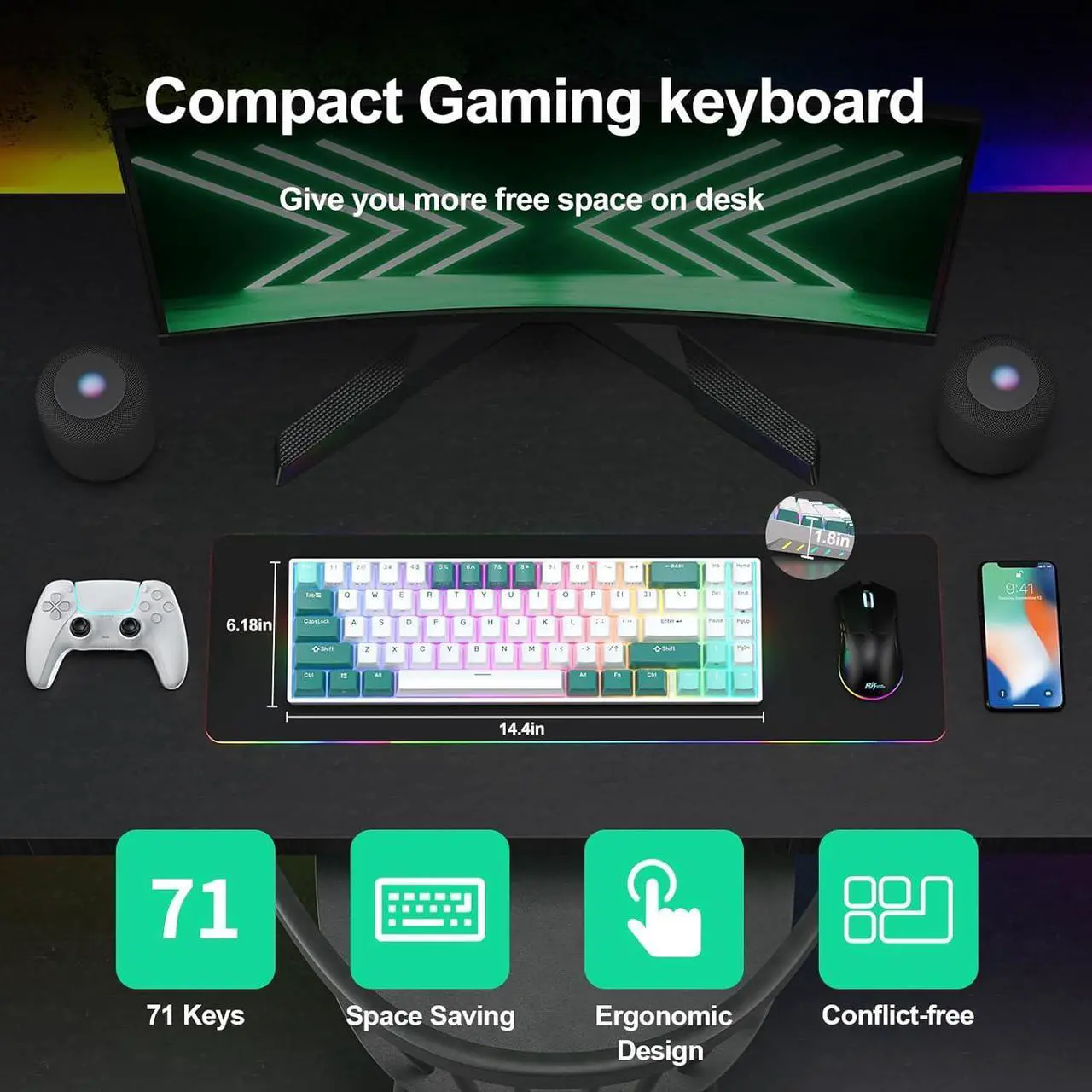 Alt view image 4 of 7 - RK ROYAL KLUDGE RK71 Mechanical Keyboard - 71 Keys 70% Layout Compact Wireless Computer Keyboard, RGB Backlit Gaming Keyboard, BT5.0/USB/2.4G Modes for Windows PC Laptop, Hot Swappable Brown Switch