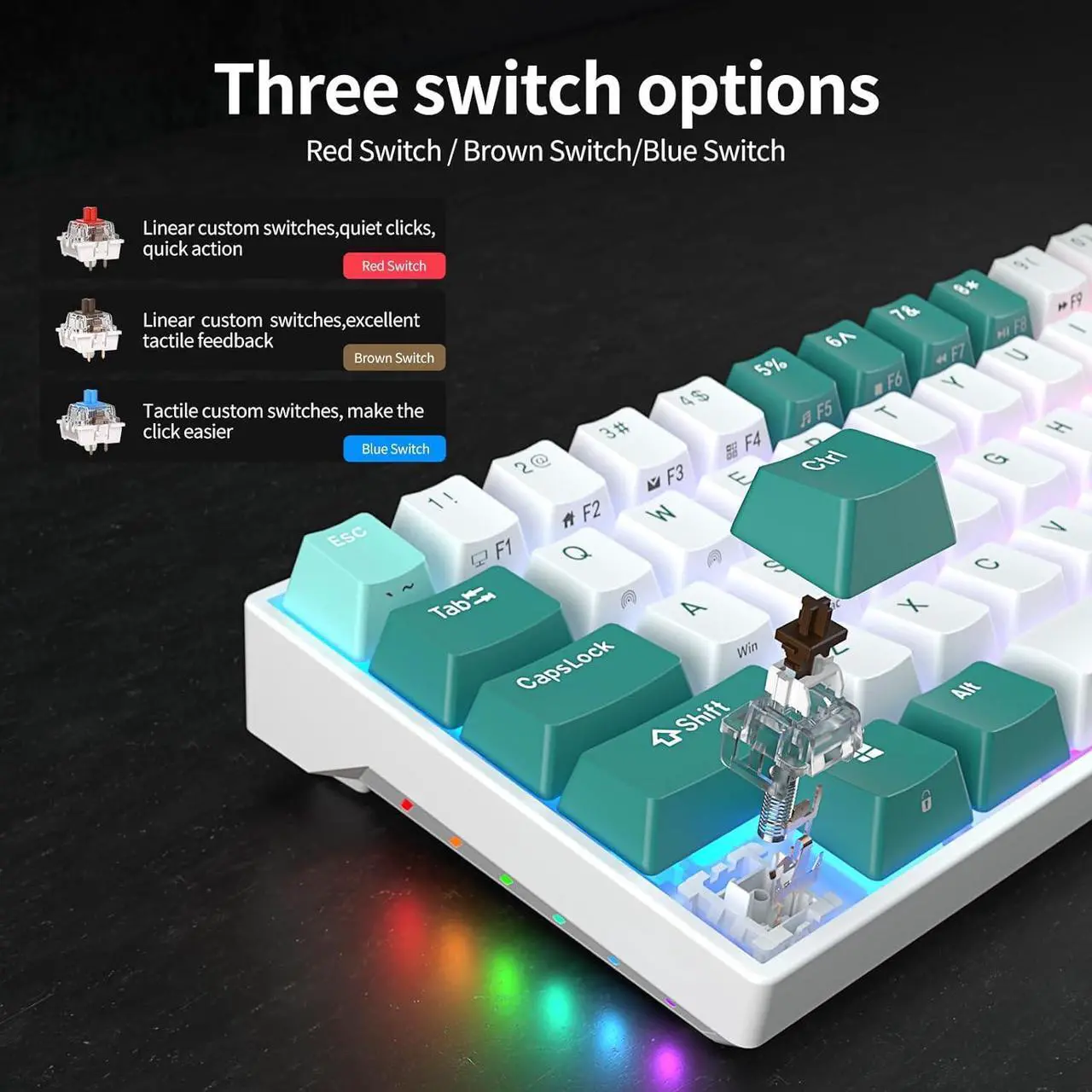 Alt view image 5 of 7 - RK ROYAL KLUDGE RK71 Mechanical Keyboard - 71 Keys 70% Layout Compact Wireless Computer Keyboard, RGB Backlit Gaming Keyboard, BT5.0/USB/2.4G Modes for Windows PC Laptop, Hot Swappable Brown Switch