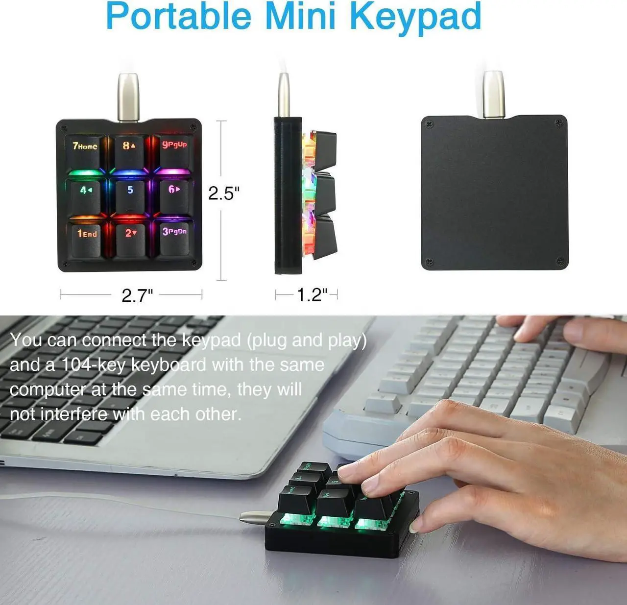 Alt view image 2 of 7 - Koolertron One Handed Macro Mechanical Keyboard, RGB LED Backlit Portable Mini One-Handed Mechanical Gaming Keypad OSU! Keyboard 9 Fully Programmable Keys Blue Switches