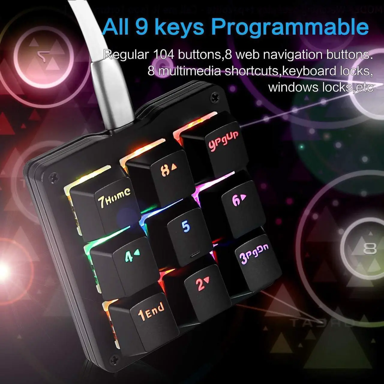 Alt view image 3 of 7 - Koolertron One Handed Macro Mechanical Keyboard, RGB LED Backlit Portable Mini One-Handed Mechanical Gaming Keypad OSU! Keyboard 9 Fully Programmable Keys Blue Switches