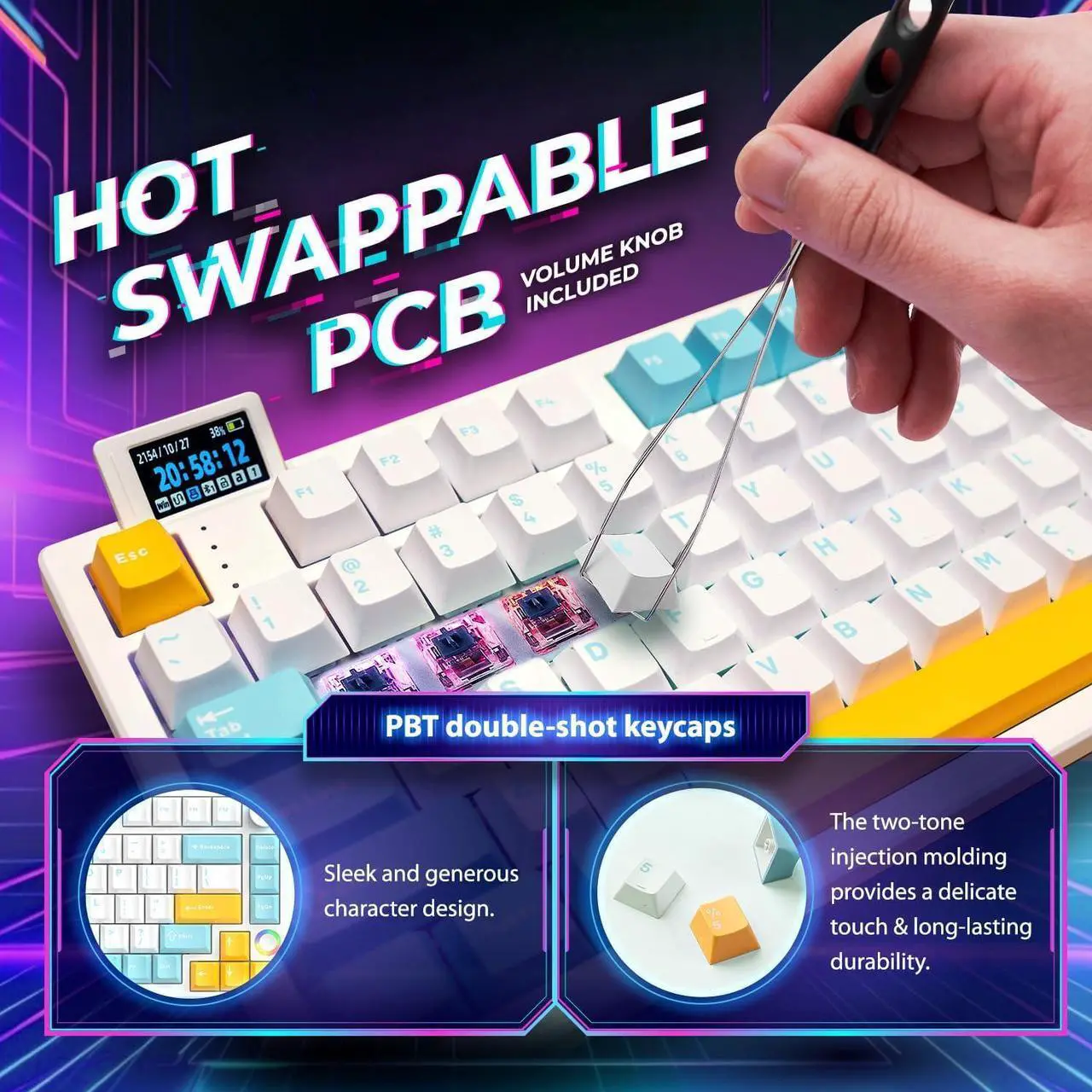 Alt view image 6 of 7 - XS75T 75% Hot Swap Mechanical Keyboard with LCD Screen & Knob, Wireless Triple Mode Gaming Keyboard with 3000 mAh Battery, RGB for Office/Win/Mac (Silver Switch)