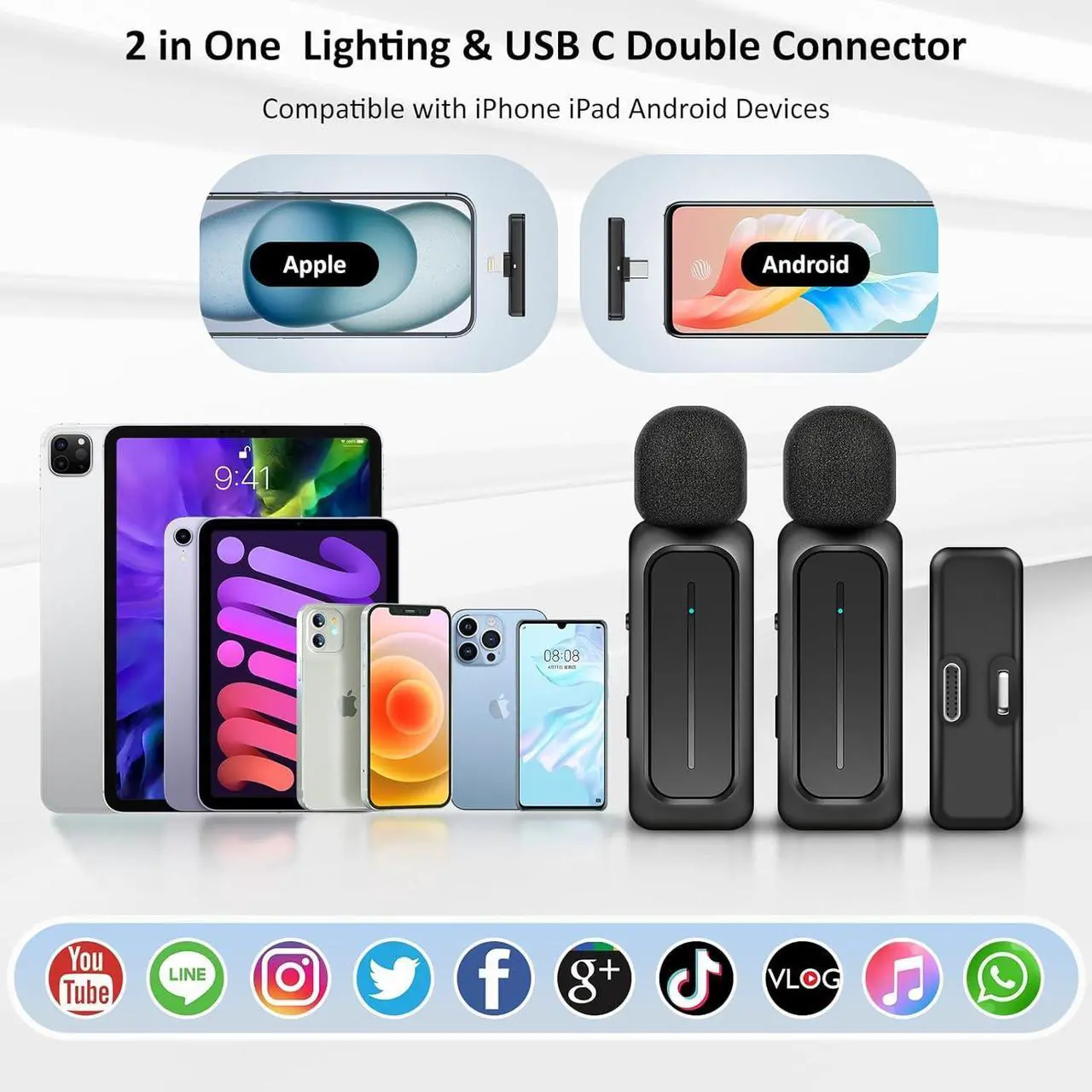 Alt view image 6 of 7 - 2 Pcs Wireless Lavalier Microphone for iPhone iPad Android with Charging Case 7H Clip on Lapel Microphone Wireless for Video Recording Vlogging, YouTube, Interview, 3 Mode Denoise, 70ft