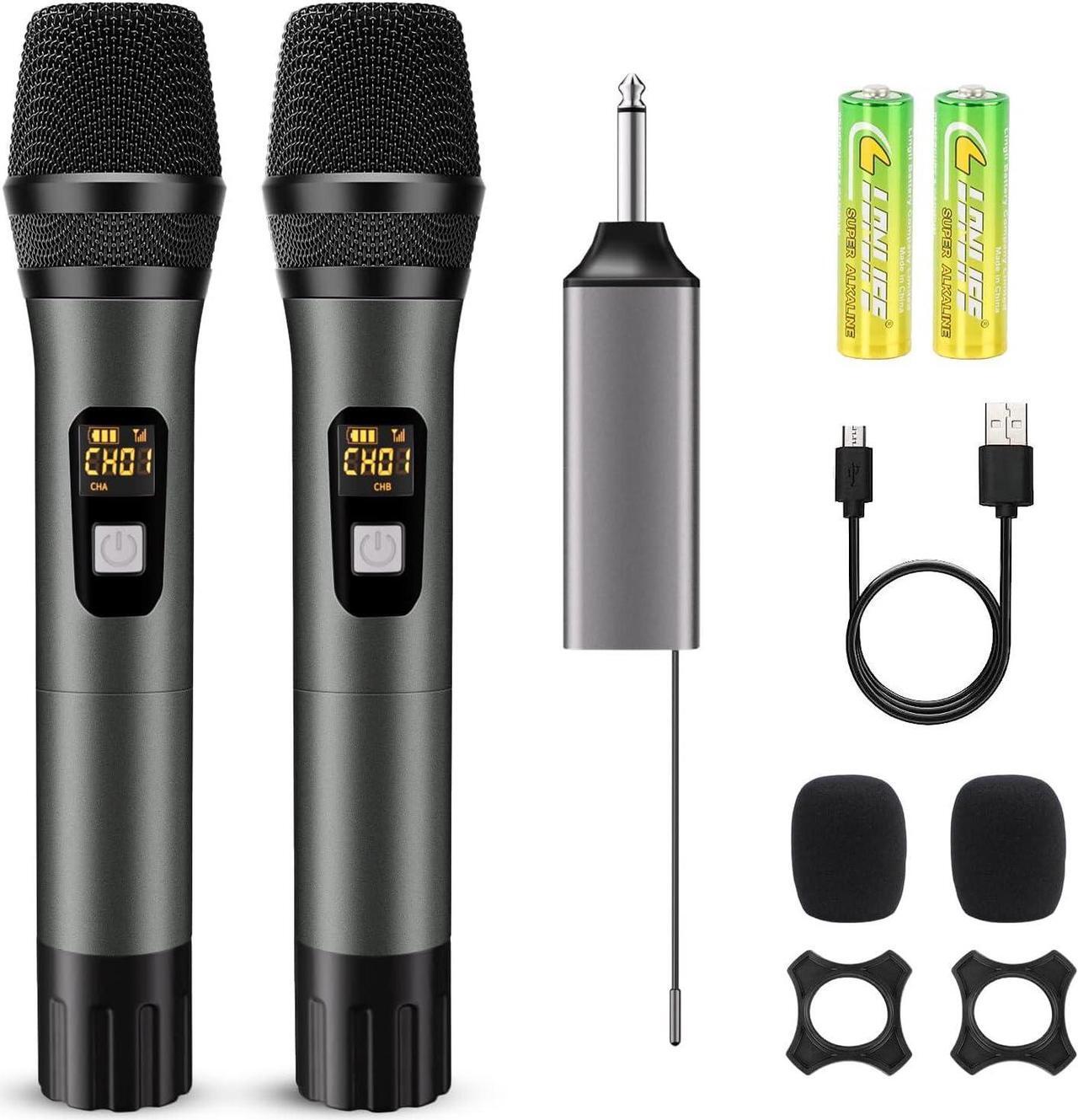 Main image of Wireless Microphone, Handheld UHF Dual Metal Cordless Dynamic Mic System with Rechargeable Receiver,200ft Range,for , Speech, Party, Wedding, Church,Singing Machine-Auto Connect