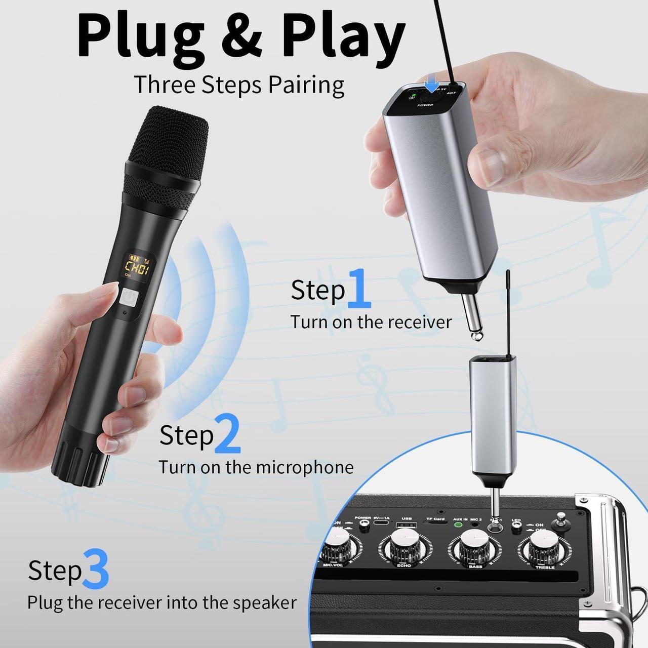 Alt view image 5 of 7 - Wireless Microphone, Handheld UHF Dual Metal Cordless Dynamic Mic System with Rechargeable Receiver,200ft Range,for , Speech, Party, Wedding, Church,Singing Machine-Auto Connect
