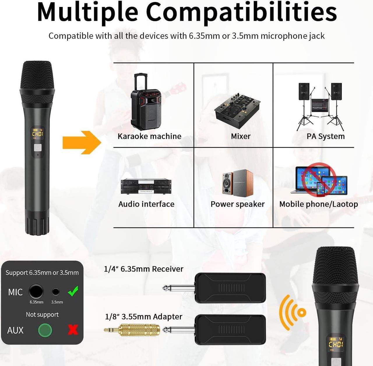 Alt view image 6 of 7 - Wireless Microphone, Handheld UHF Dual Metal Cordless Dynamic Mic System with Rechargeable Receiver,200ft Range,for , Speech, Party, Wedding, Church,Singing Machine-Auto Connect