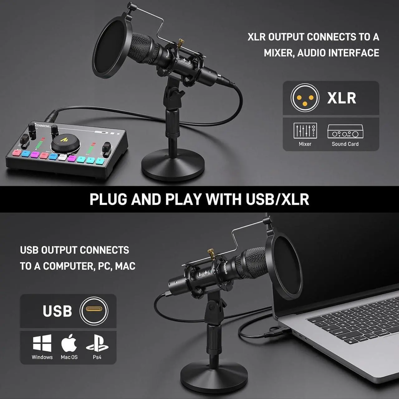 Alt view image 4 of 7 - MAONO USB/XLR Podcast Dynamic Microphone, Studio Mic Kit with Volume Control, Shock Mount, Pop Filter, Ideal for Vocal, Instruments Recording, Voice Over, Live Streaming (HD300T)