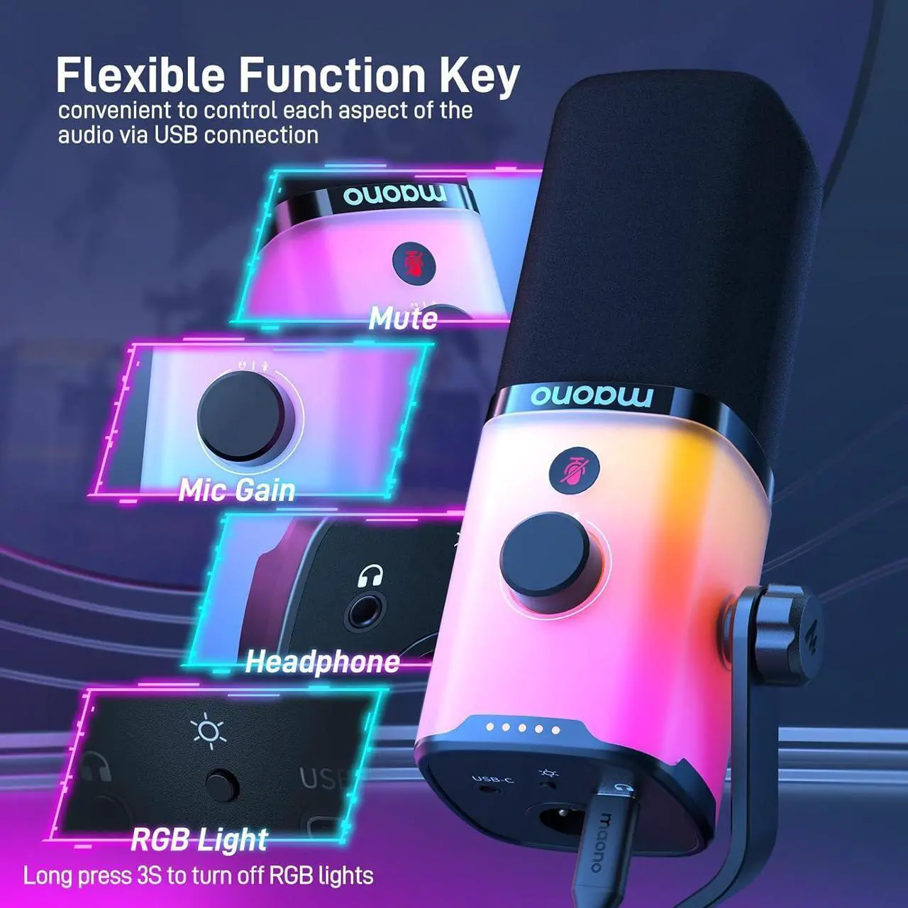 Alt view image 6 of 7 - MAONO XLR/USB Gaming Microphone with Software, Dynamic PC Microphone with RGB for Streaming Podcast Vocal Recording, Computer Mic with Noise Cancellation, Mute Button, Gain Knob, Desktop Stand PD100X