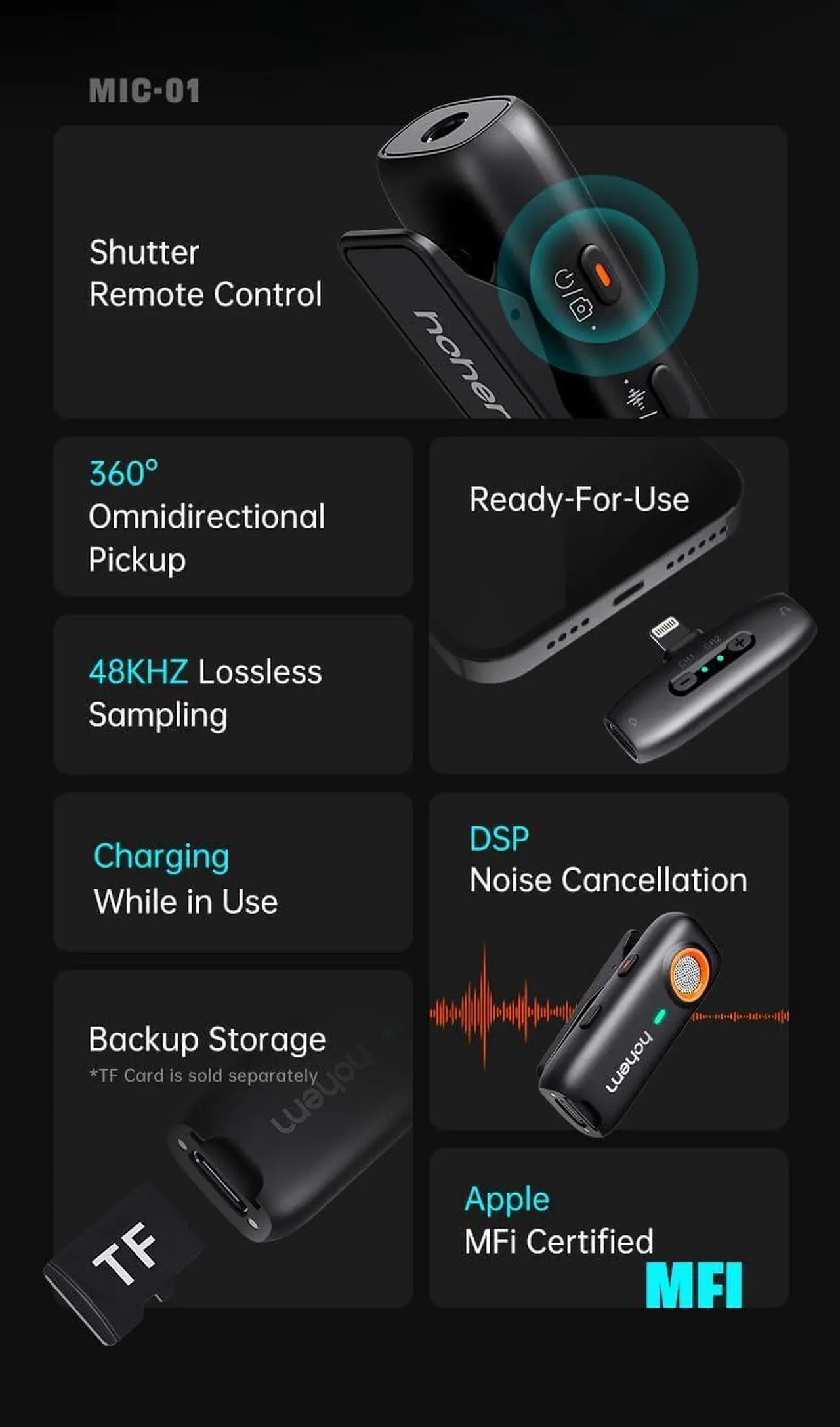 Alt view image 2 of 7 - hohem MIC-01 Wireless Lavalier Lapel Microphone for iPhone iPad, with Noise Cancellation,MFi Certified,Remote Contro,Built-in Storage,20H Battery Life, Wireless Microphone for Live Stream