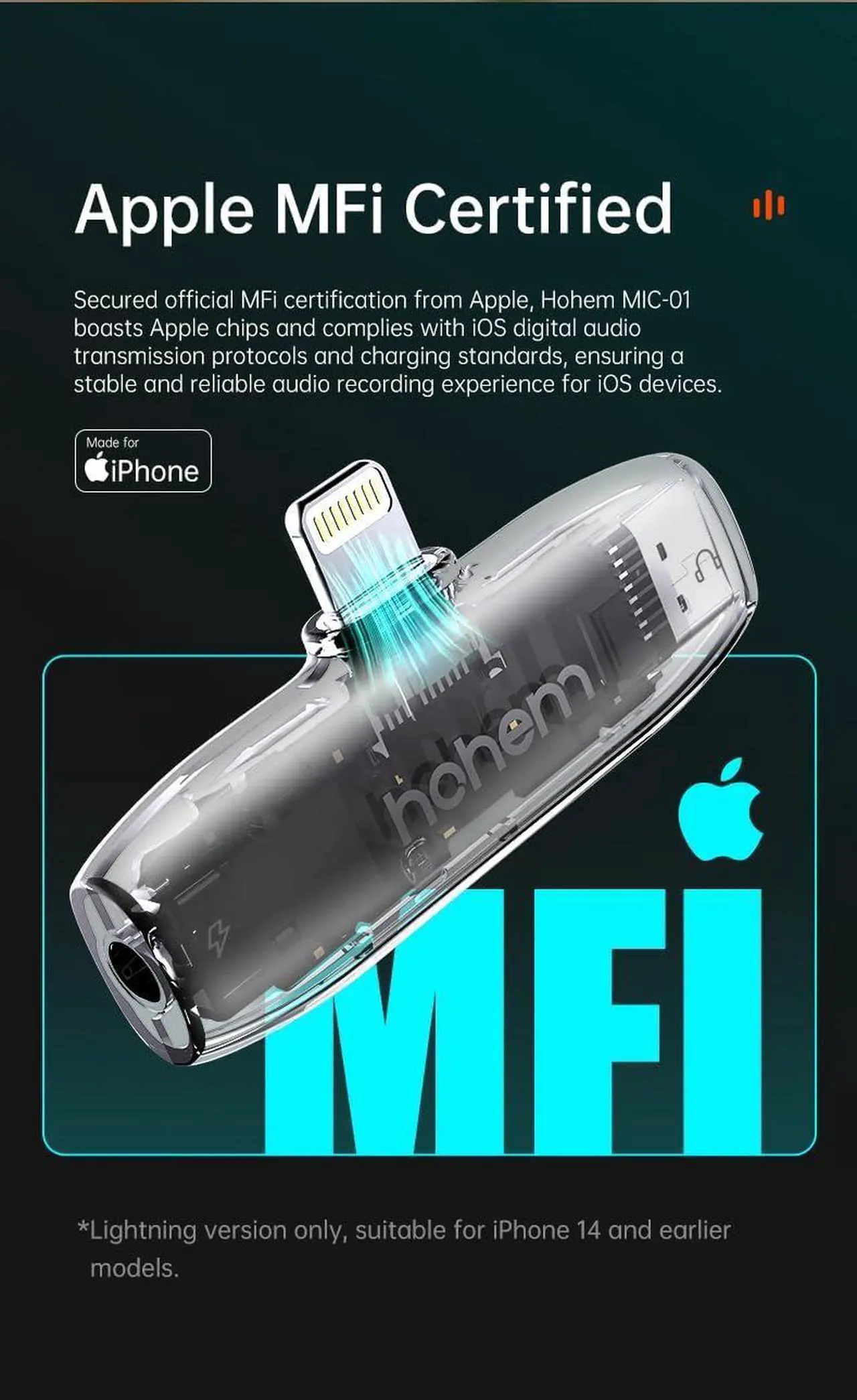 Alt view image 7 of 7 - hohem MIC-01 Wireless Lavalier Lapel Microphone for iPhone iPad, with Noise Cancellation,MFi Certified,Remote Contro,Built-in Storage,20H Battery Life, Wireless Microphone for Live Stream