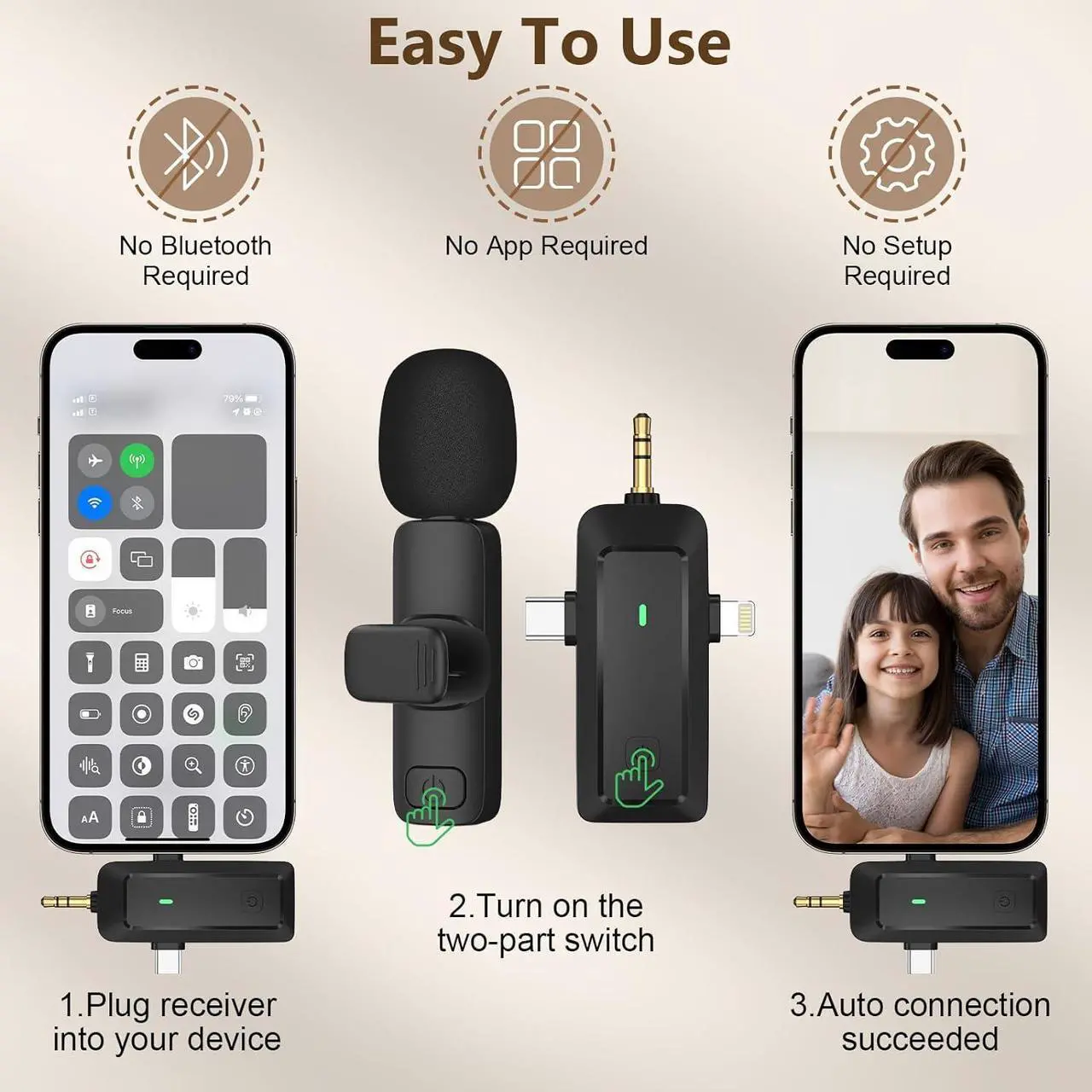 Alt view image 5 of 7 - Wireless Lavalier Microphone for iPhone - Android Phone/Camera/Computer/Laptop, Professional Dual Lapel Mic with USB-C/3.5mm/USB Plug for Video Recording, Vlog, YouTube, TikTok