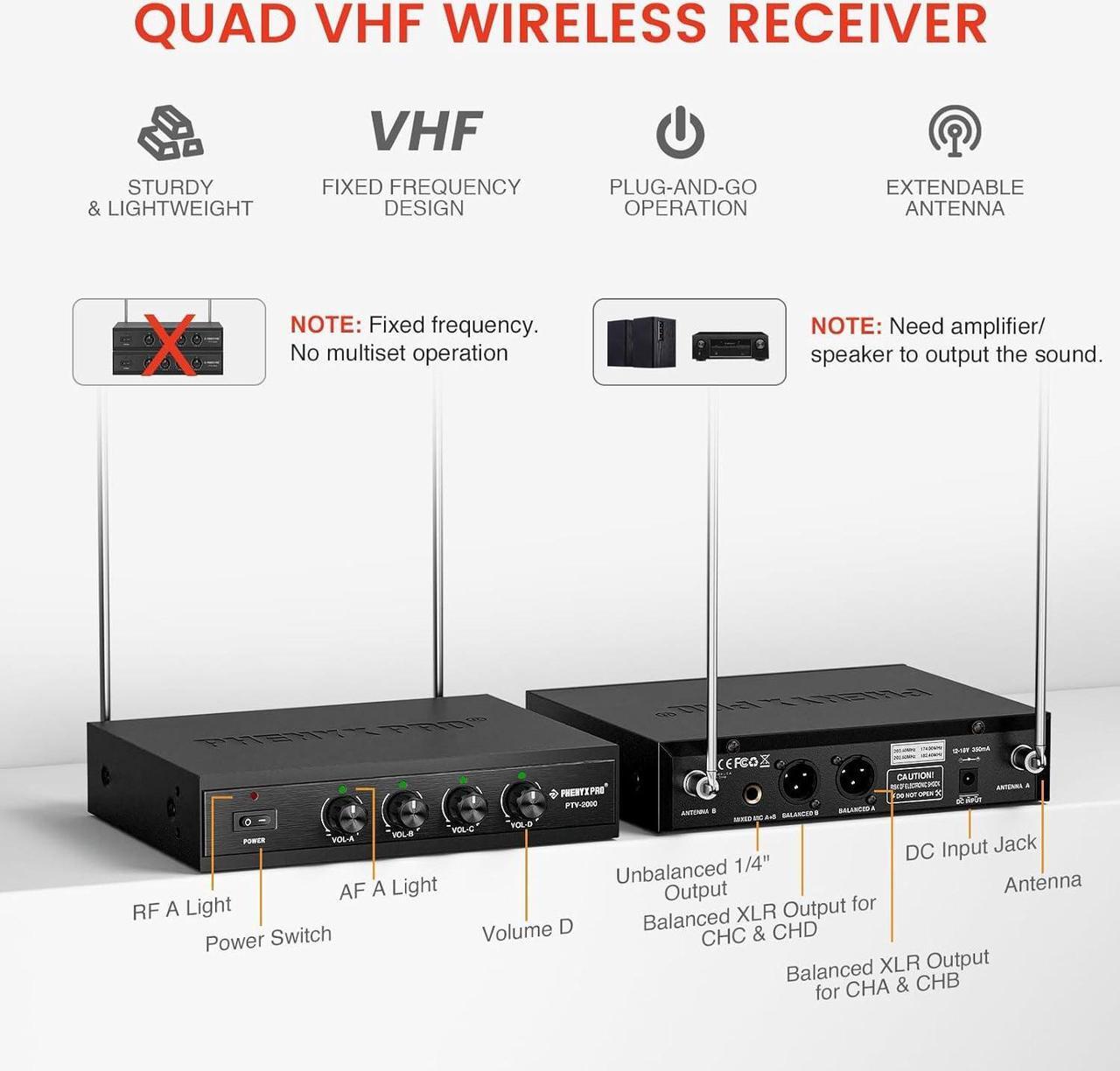 Alt view image 3 of 7 - Phenyx Pro Wireless Microphone System, 4-Channel VHF Wireless Microphone Set with 2 Handhelds/2 Bodypacks/2 Lapels/ 2 Headset, Metal Receiver, Suitable for Church, Meeting, Conference(PTV-2000B)