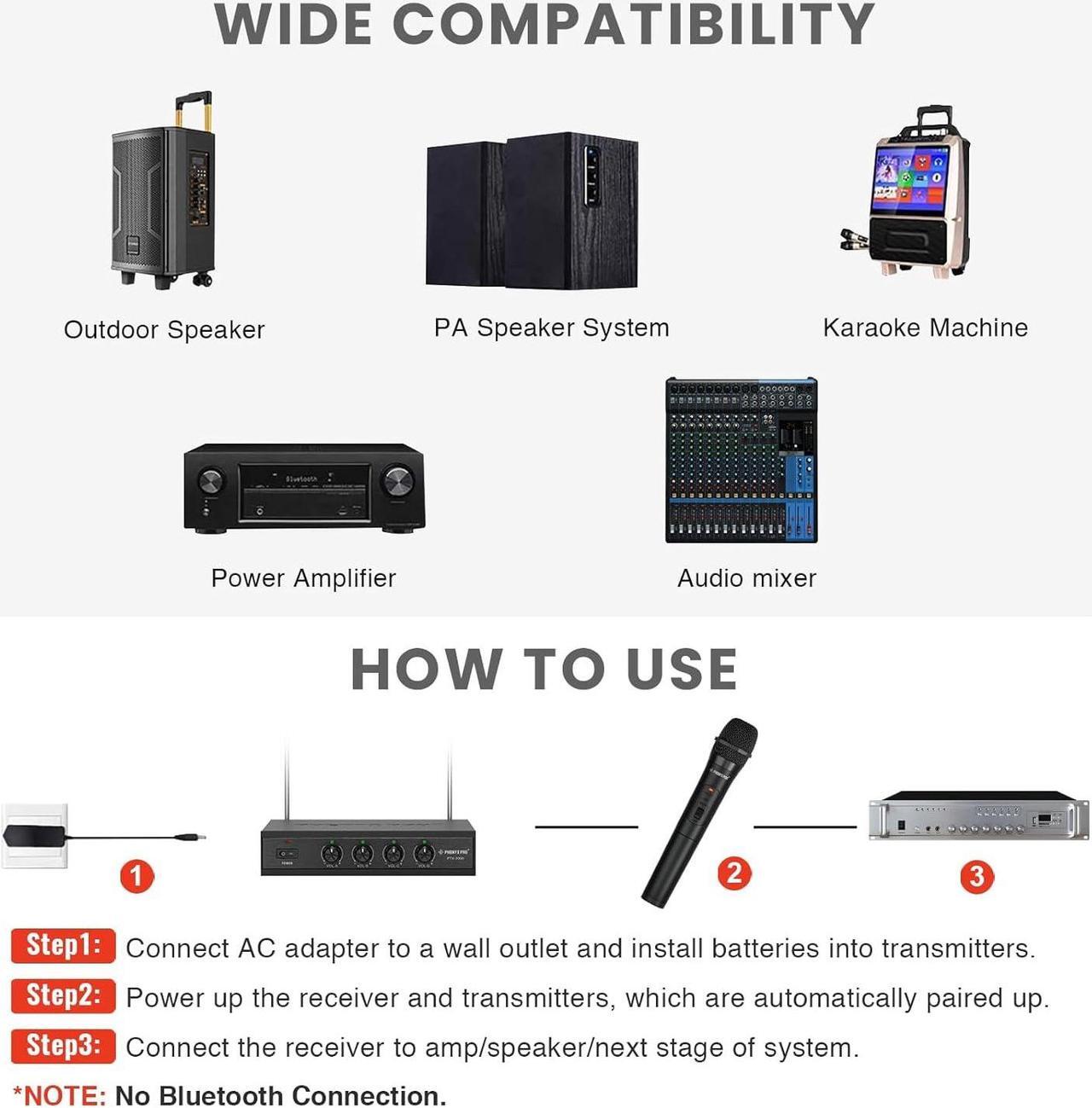 Alt view image 7 of 7 - Phenyx Pro Wireless Microphone System, 4-Channel VHF Wireless Microphone Set with 2 Handhelds/2 Bodypacks/2 Lapels/ 2 Headset, Metal Receiver, Suitable for Church, Meeting, Conference(PTV-2000B)