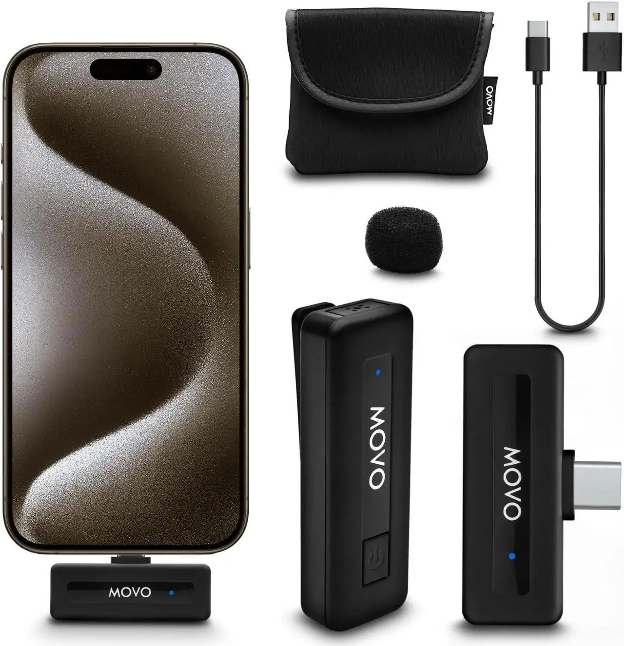 Main image of Movo Wireless Mini USB-C Wireless Microphone for iPhone 15 - iPhone 15 Microphone Compatible with iPhone 15 Pro Max - 10HR Battery Life, 164ft Range