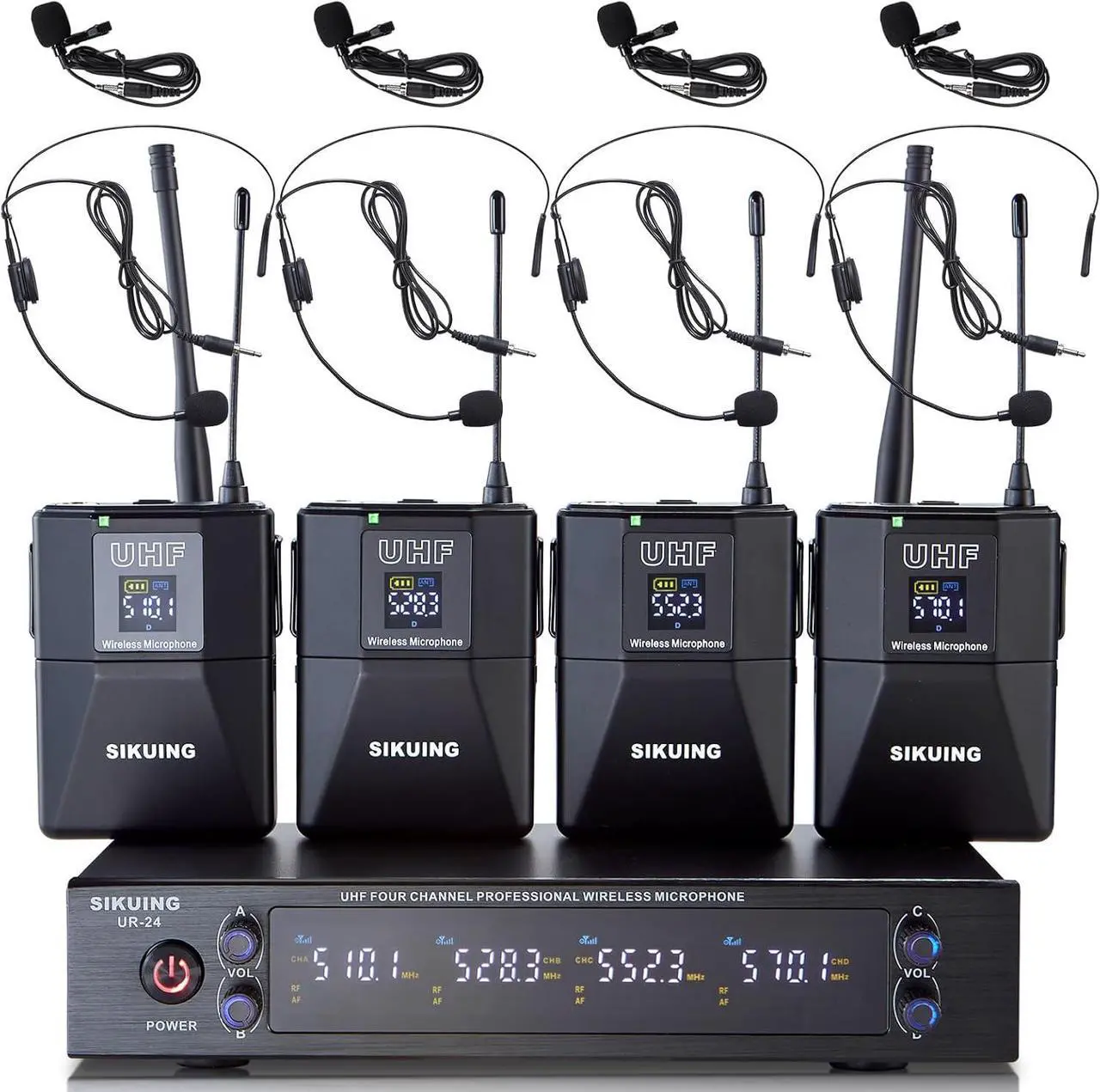 Main image of 4 Channel UHF Wireless Microphone System with Lavalier Headset Mics, 4x50 Adjustable Frequencies, Ideal for  Meeting Church, 300ft Range (4 Bodypack)