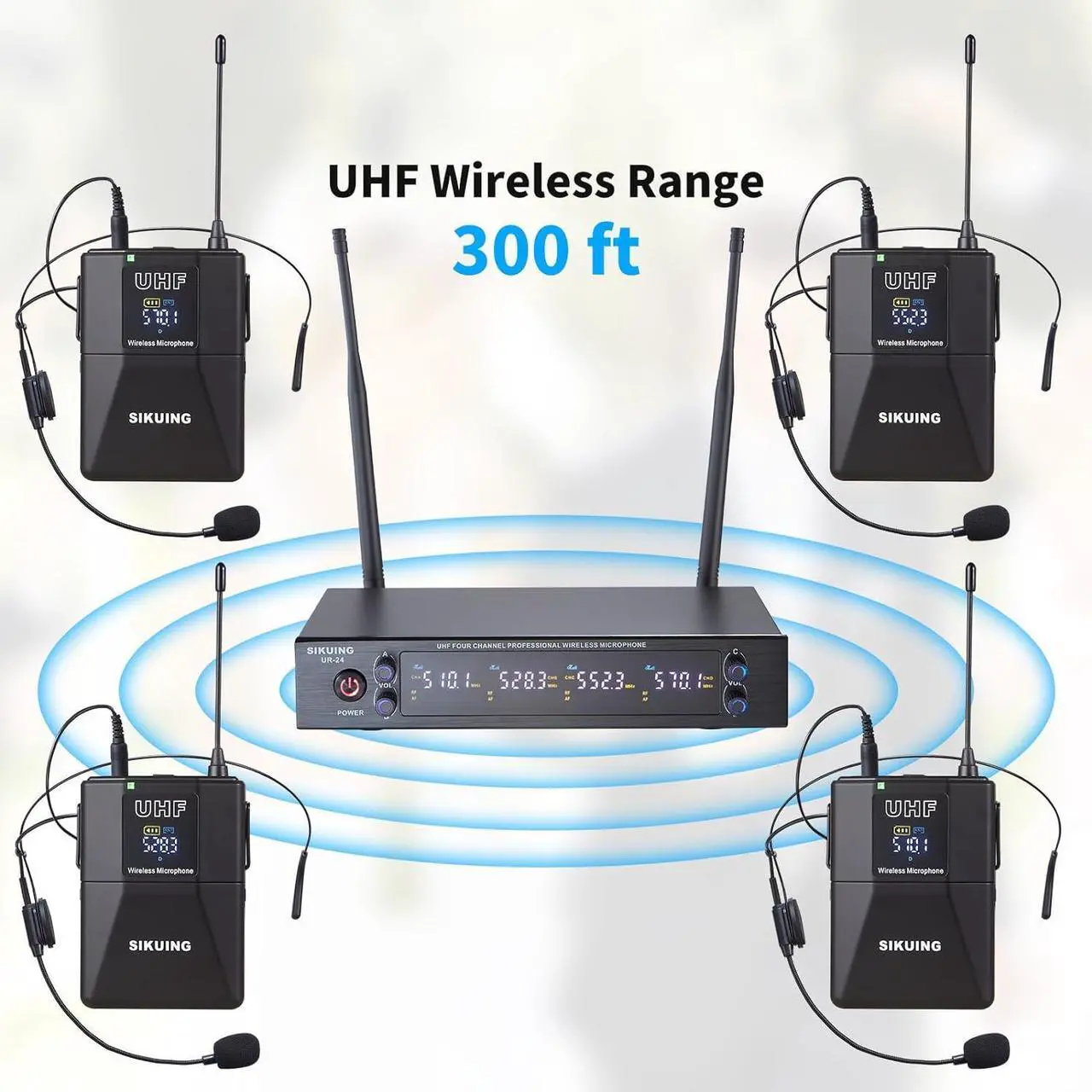 Alt view image 5 of 7 - 4 Channel UHF Wireless Microphone System with Lavalier Headset Mics, 4x50 Adjustable Frequencies, Ideal for  Meeting Church, 300ft Range (4 Bodypack)